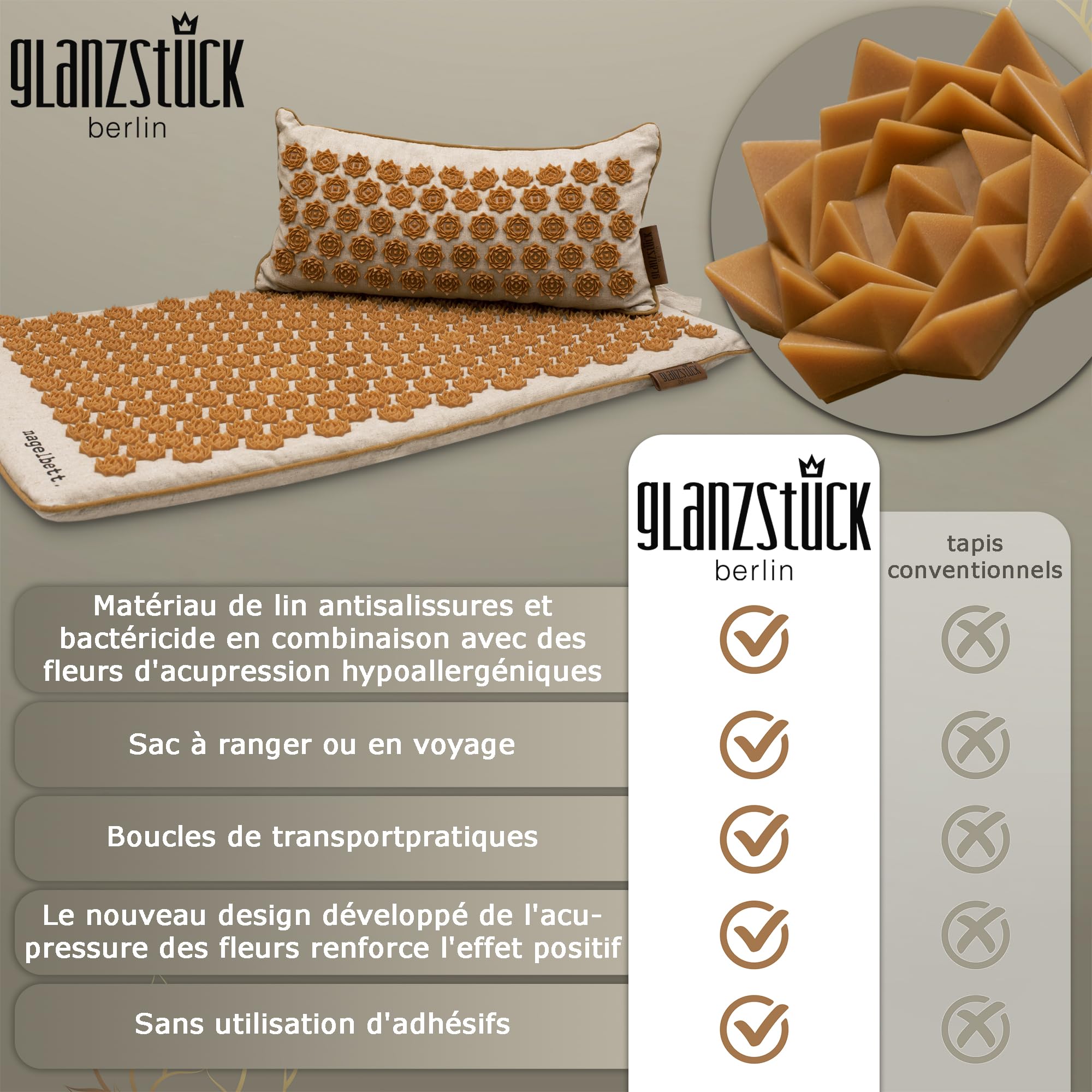 Glanzstück Berlin® Health Collection : tapis d'acupression XL original en lin, aide à soulager les tensions, les maux de dos, tapis de massage avec coussin (fonction chauffante) et sac, durable