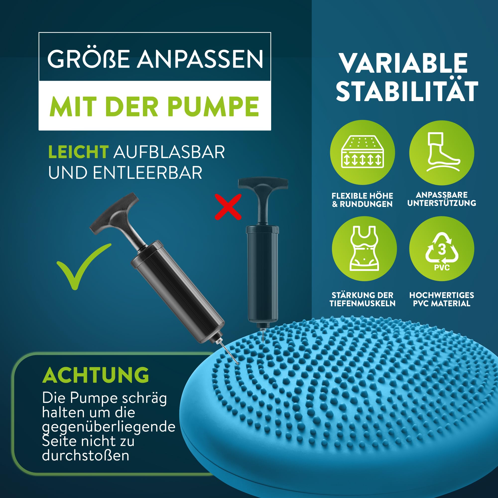 ZenBalance Plus Cuscino Propiocettivo, Cuscino Ortopedico per Riabilitazione, Disco Propiocettivo Gonfiabile per Postura, Balance Board per Sport & Fisioterapia, incl. Pompa, e-Book, 33 cm