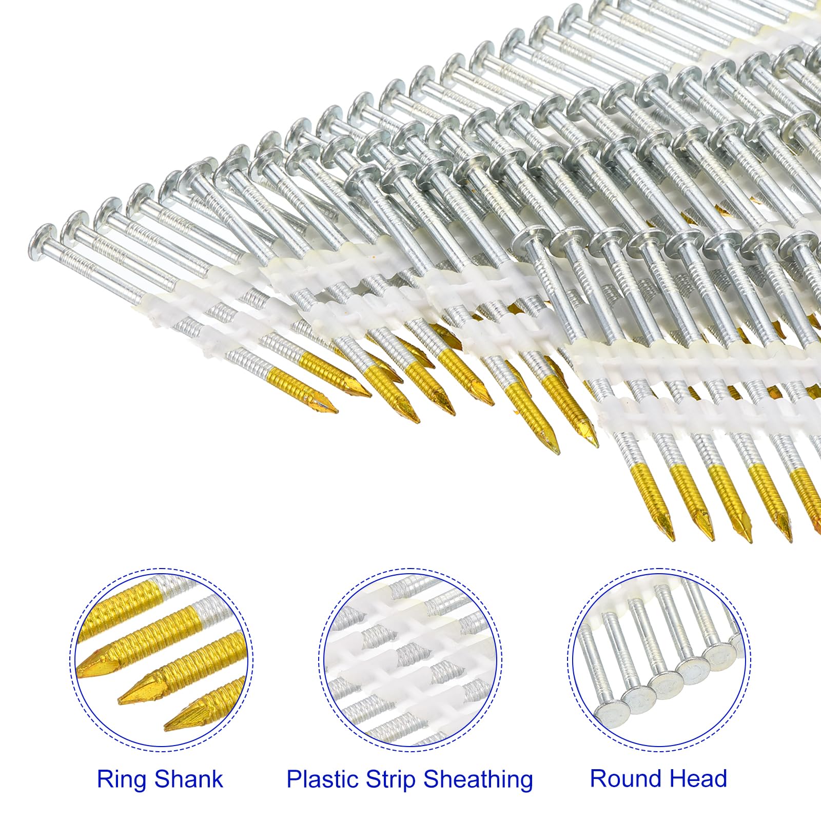 QUARKZMAN 1000 Pzas Clavos Para Estructura De 21 Grados 0.113" X 2-3/8", Clavos De Acero Al Carbón Galvanizados Con Collarín Plástico Para Muebles/Construcciones, Color Zinc