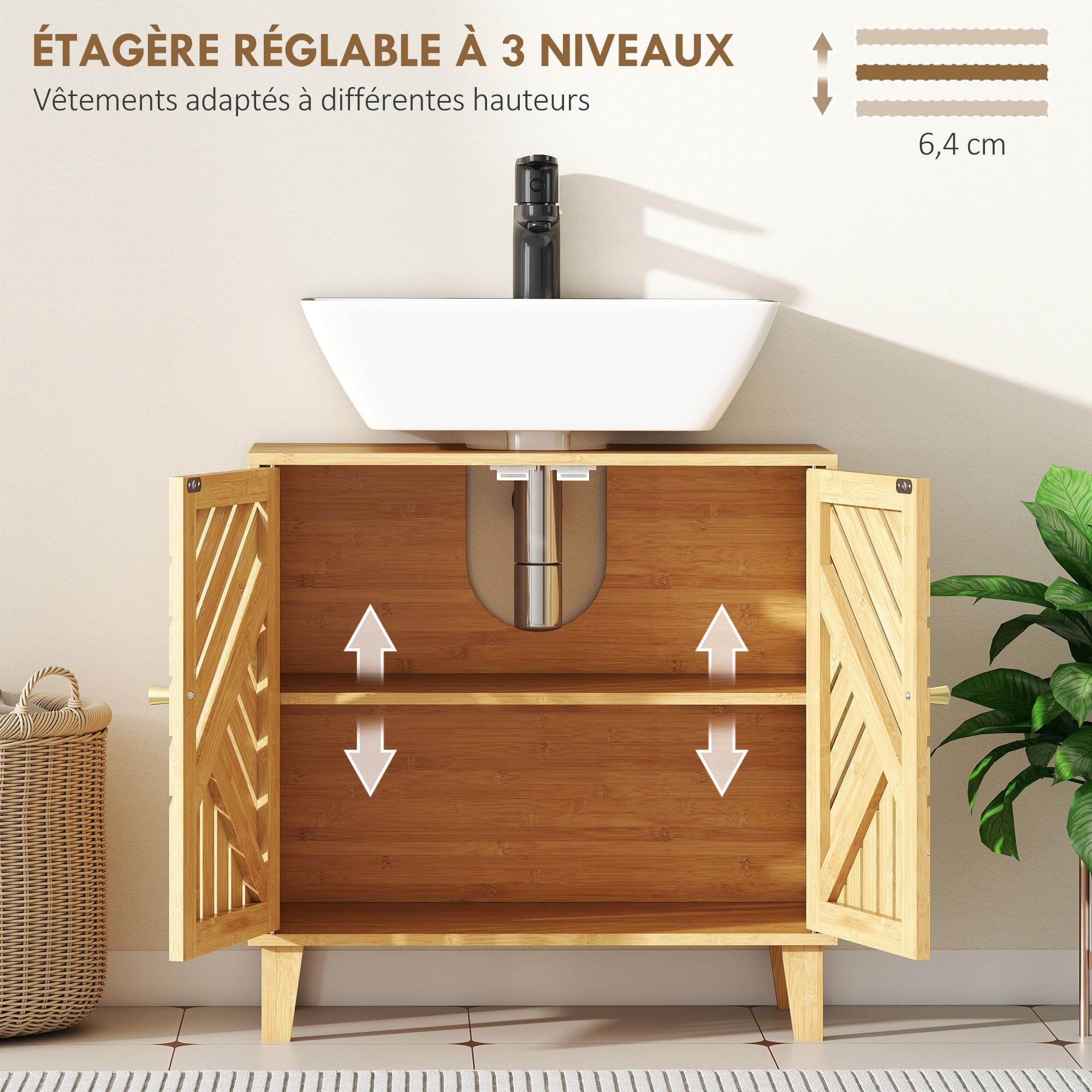 HOMCOM Meuble sous Lavabo Salle de Bain 60 x 30 x 60 cm Naturel | Étagère Réglable, Portes à Lattes, Bambou, Anti-Humidité