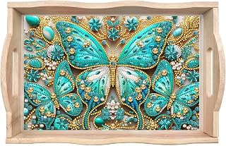ARTopet DIY Diamond Art Painting Creative Design Handmade Wooden Serving Tray Dinner Plate Partial Diamond Art Breakfast Tray for Coffee Living Room Home Organizer - Green Butterfly