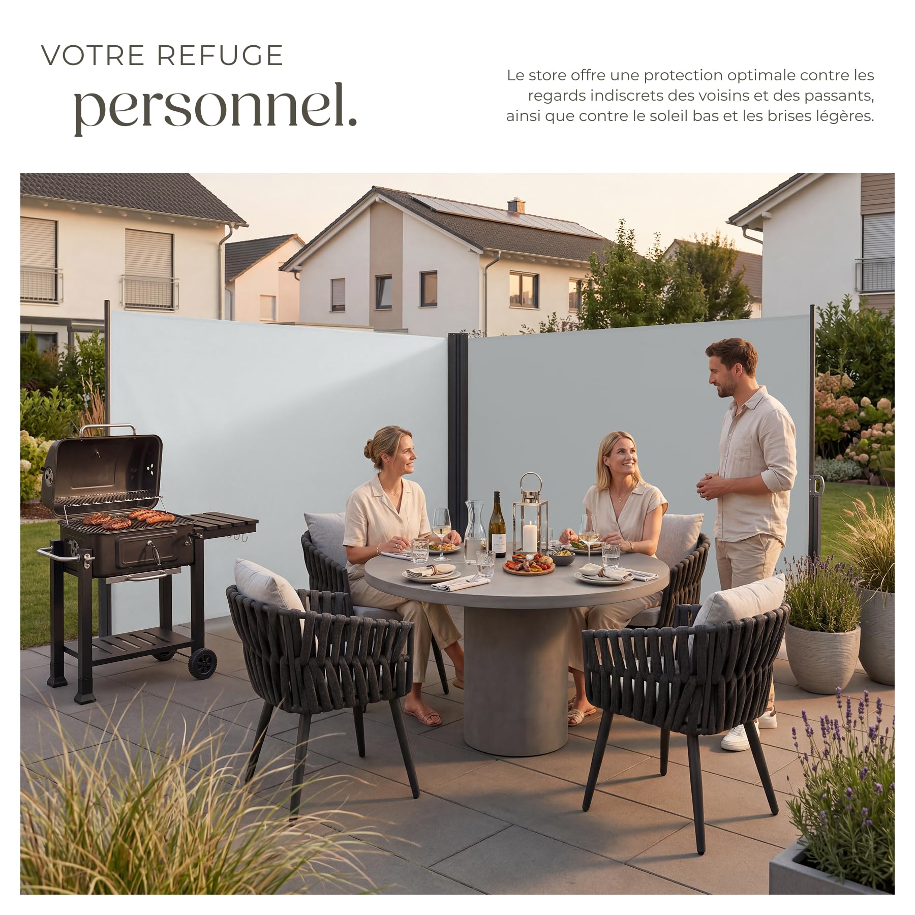 tectake® Store Latéral Double 180 x 600 cm, Résistant aux intempéries, Extensible avec mécanisme d'enroulement, Brise Vue Opaque, Protection Soleil et Vent, Tissu en Polyester Enduit - Gris