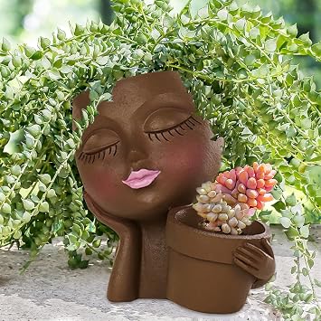 Face Planter for Succulents, Resin Lady Head Pot with 2 Planting Pockets and Drainage Holes, Approx. 6.3 x 4.3 x 6.7 in, Openings 3.2 in & 2.4 in, Brown
