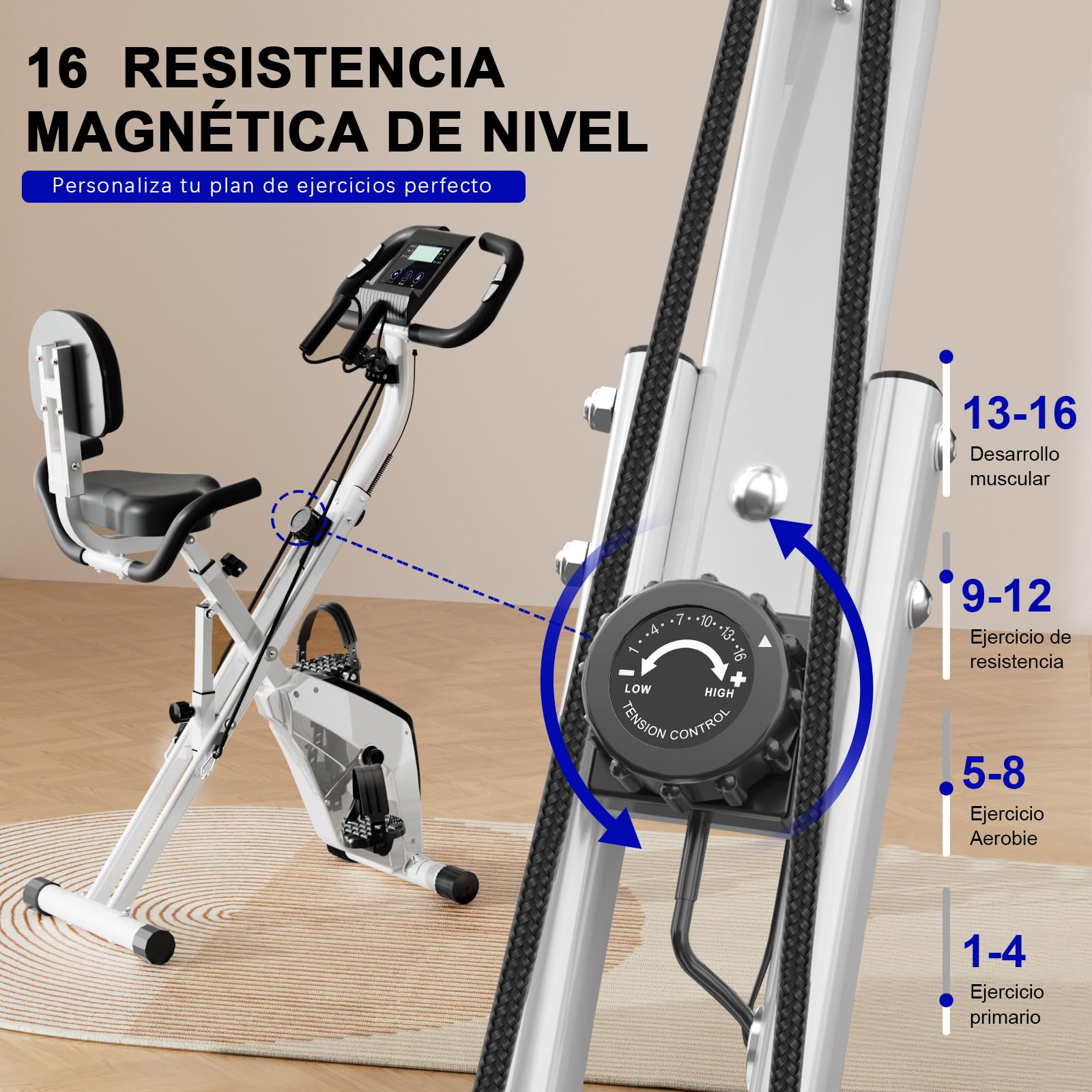 Cyclette Pieghevole da Casa 4 in 1, Bicicletta magnetica pieghevole, Resistenza magnetica regolabile a 16 livelli, monitor LCD e sensore di frequenza cardiaca
