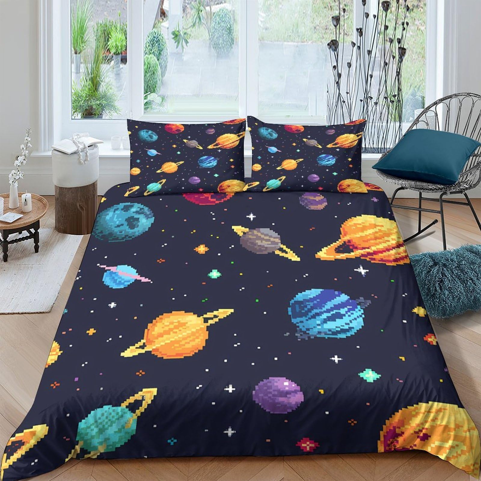 TUFRTGYHN 3D Printed Solar Planet Duvet Cover Set Microfiber Soft Breathable Cosmic Galaxy Bedding Set with 2 Pillowcases for Bedroom Single（135x200cm）