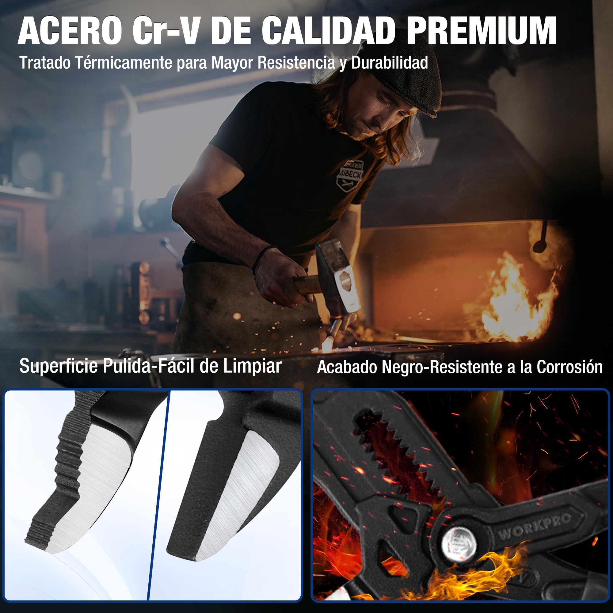 WORKPRO Juego de Llave Ajustable y Alicate de Bomba de Agua 2 Piezas, 180 mm, Alicate de Ranura sin Dientes y Llave para Tubos de Acero Cr-V Resistente, Ajuste Rápido para Trabajos de Reparación