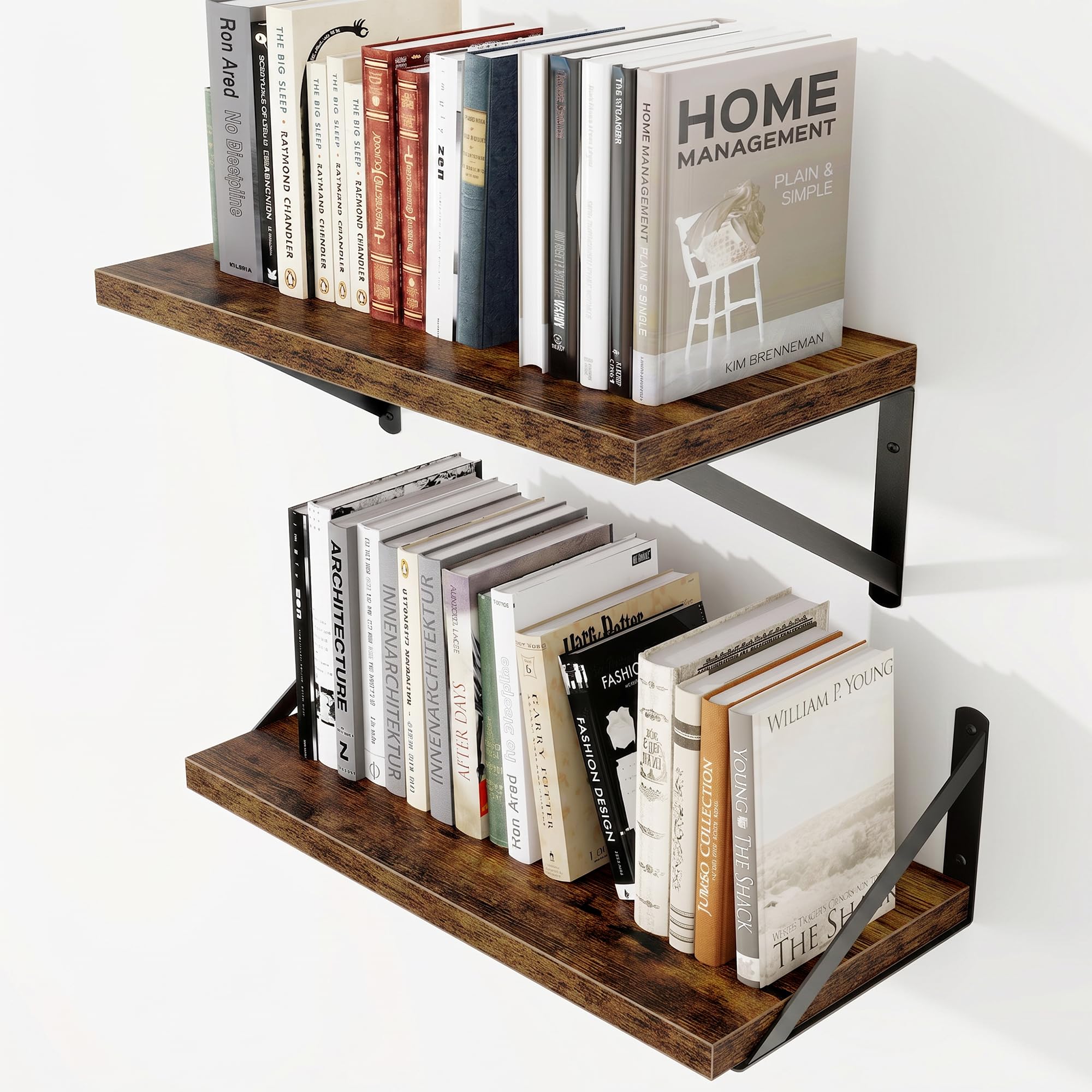 20cm Deep Floating Shelves, 40cm Long, 13kg Capacity, Brown Finish, 2pcs