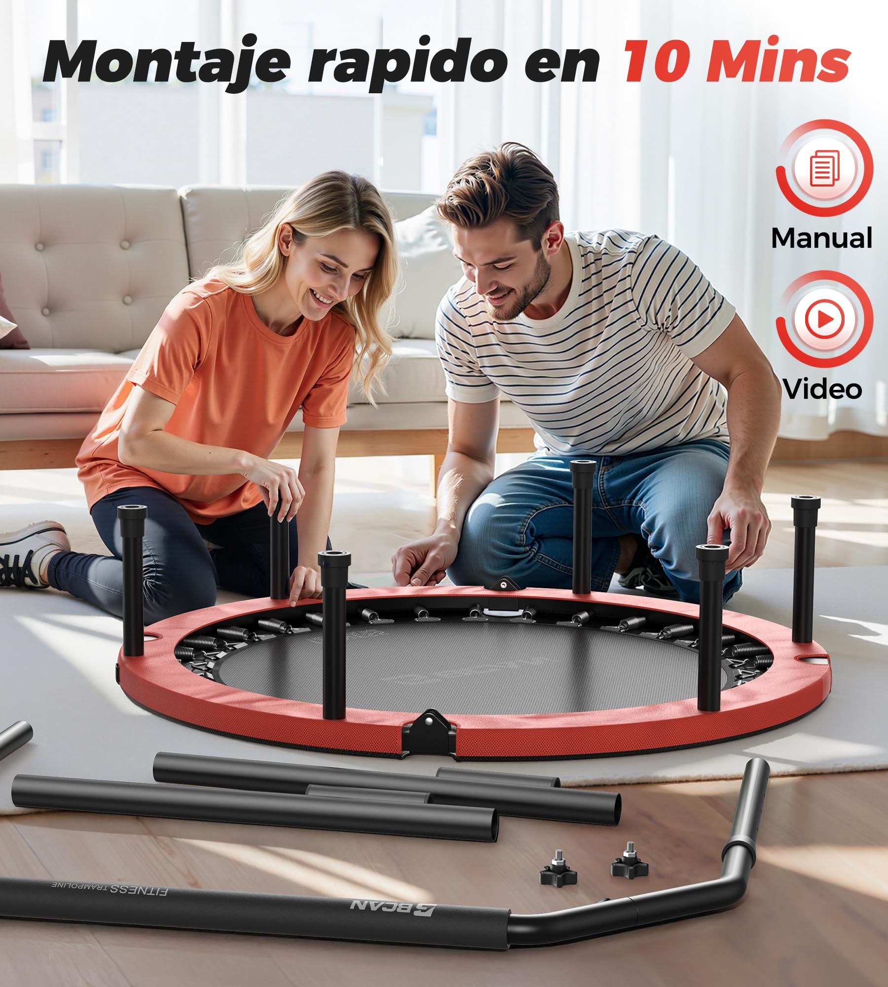 Trampolín de Interior BCAN, Mini trampolín de Fitness Plegable de 102 cm, para Adultos con asa Ajustable, Carga máxima de 150 kg, Ideal para Entrenamiento en casa y Ejercicio.