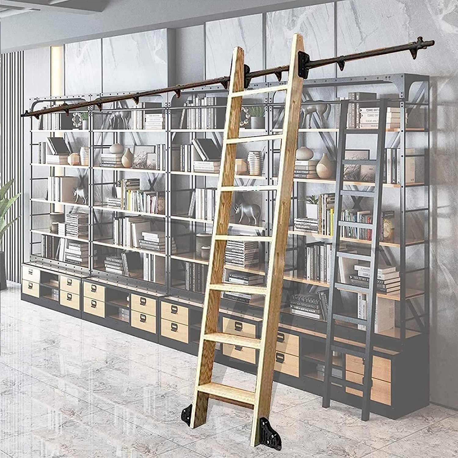 Rolling Library Sliding Ladder Hardware Kit - Sliding Barn Door Track Hardware Accessories, Carbon Steel Round Tube Mobile Ladder Rail, with Floor Roller Wheels(No Ladder)
