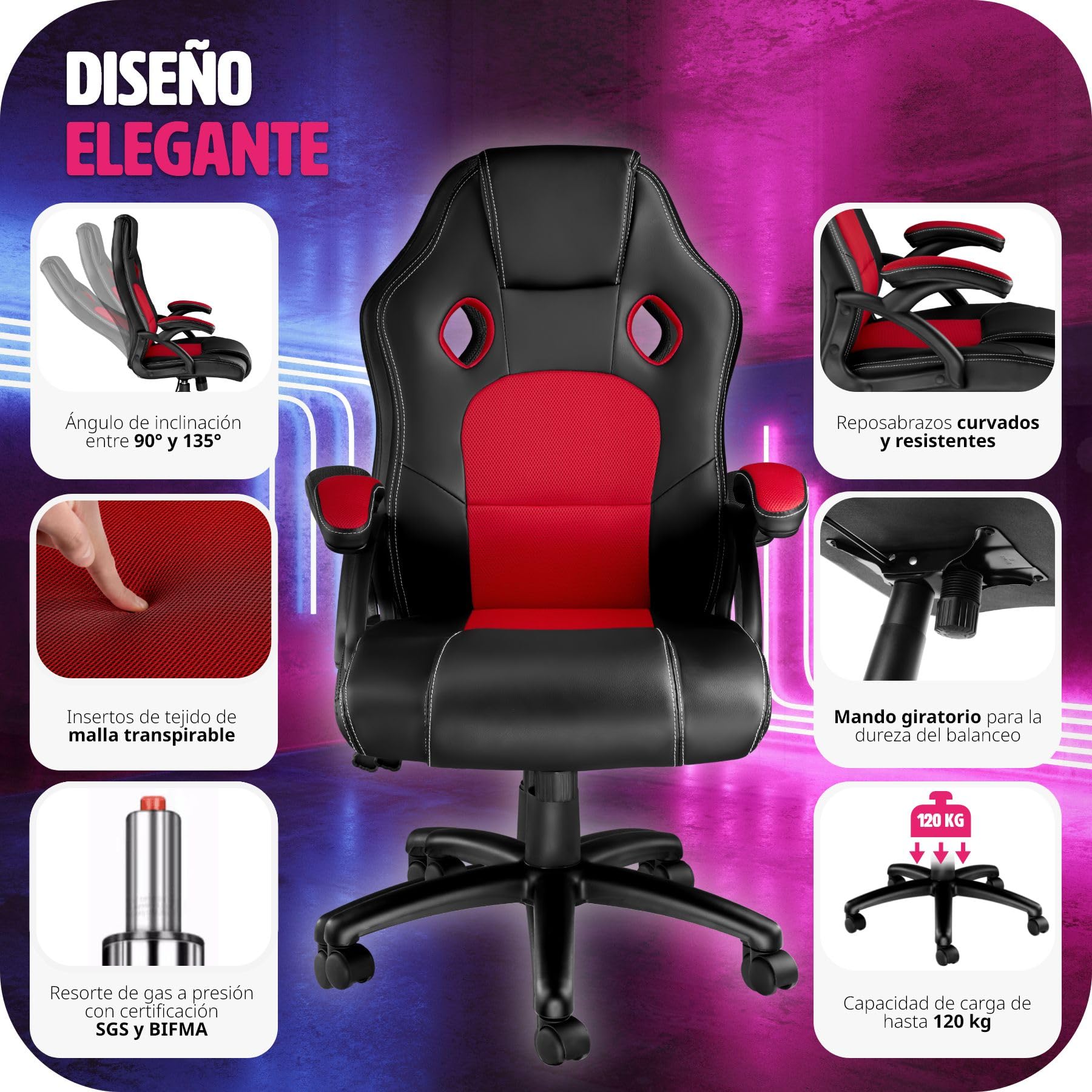 tectake® Silla Gamer Ergonómica, Ajuste de Altura, Silla de Escritorio de Oficina, Silla de Estudio con Acolchado Cómodo, Silla con Reposabrazos y Ruedas, Sillas Gaming para Ordenador - Negro/Rojo