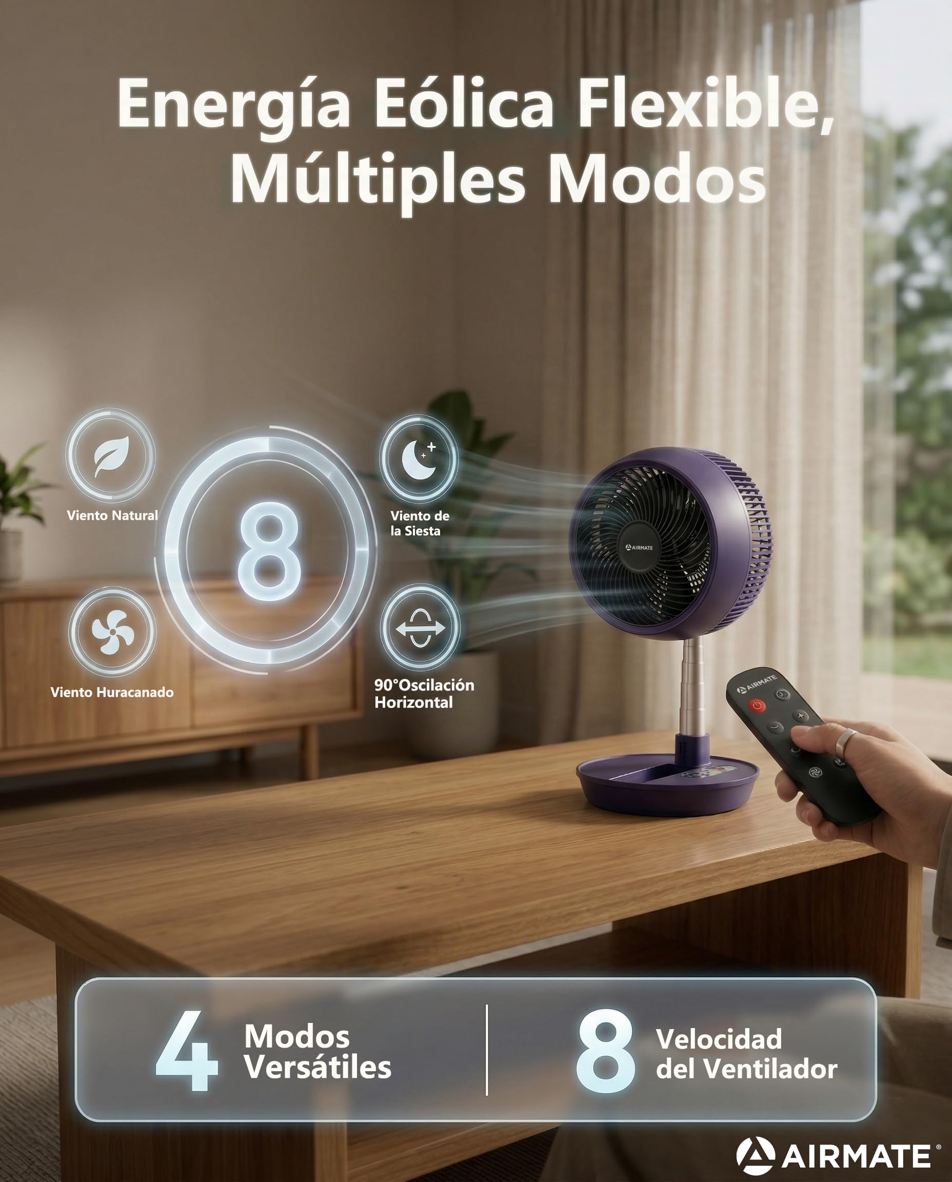 AIRMATE 63cm Ventilador de Pie Silencioso, Ventilador Potente con Ajustable y DiseñO Plegable 90°+170°, 8 Velocidades 8h Control Remoto 30db Ventilador de Suelo Ideal TambiéN Para Uso En Escritorio
