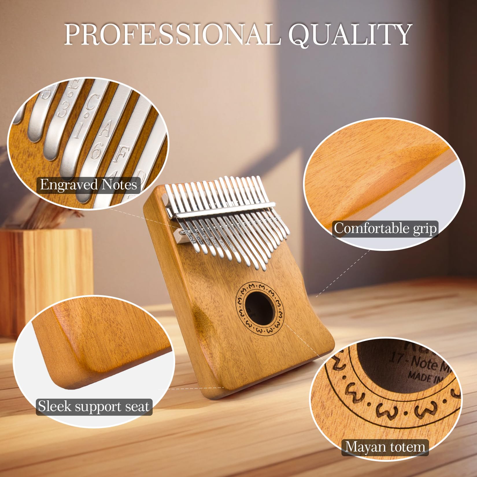 Kalimba Piano à Pouce 17 touches, Piano à Doigt Mbira Instruments de Musique Portables pour Adultes Débutants (Bois Clair)