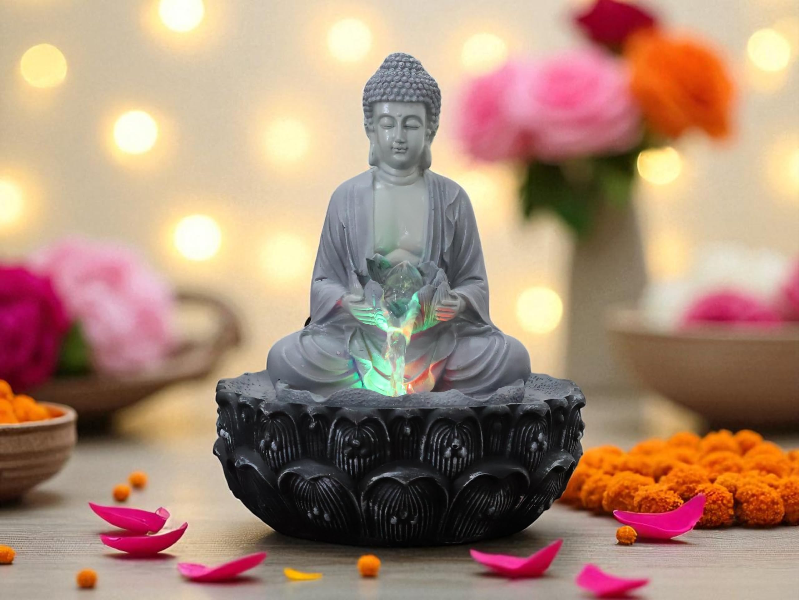 KridayKraft Meditating Buddha Water Fountain Idol Polyresin Lotus Water Fountain Showpiece for Home Garden Living Room Decor Decoration Gift Items, 24 CM