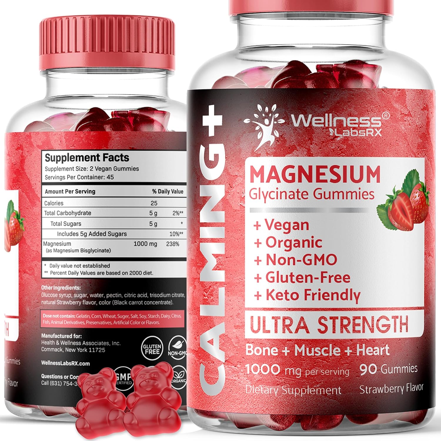 Magnesium Glycinate Gummies, 1000 mg – Magnesium Supplement to Support Relaxation, Heart Health – Chewable Calm Magnesio Gummies for Adults, Glicinato De Magnesio – Strawberry Flavor