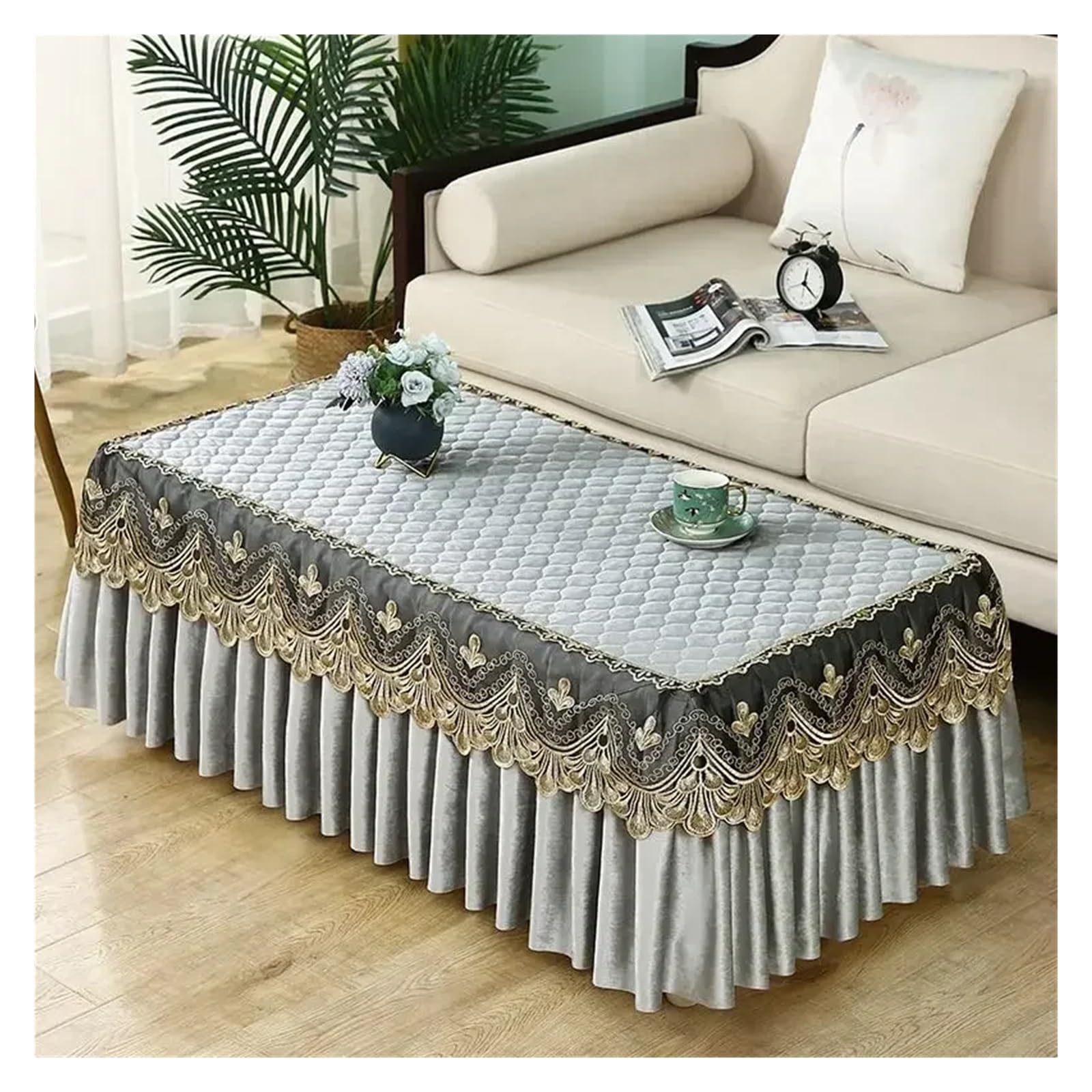 FJOADNVM Velvet tablecloth Thickened Anti Slip Velvet Tabletop Cover Embroidered Lace Edge Pleated Hem Tablecloth Tea Table Home Rectangular Dust