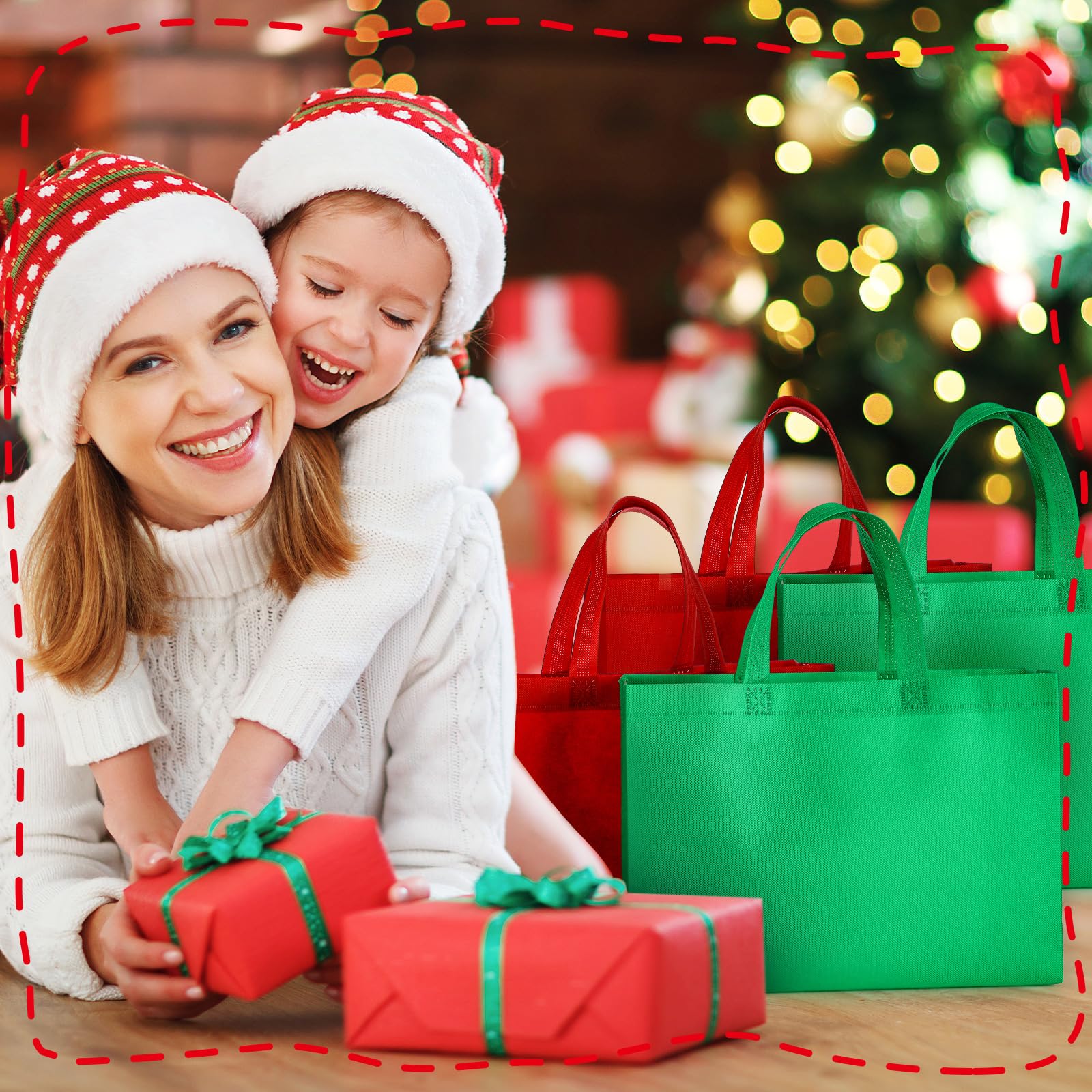 SATINIOR Lot de 50 grands sacs fourre-tout non tissés réutilisables avec poignées pour Noël, shopping, vacances, fête d'anniversaire (35,6 x 25,4 x 10,2 cm)