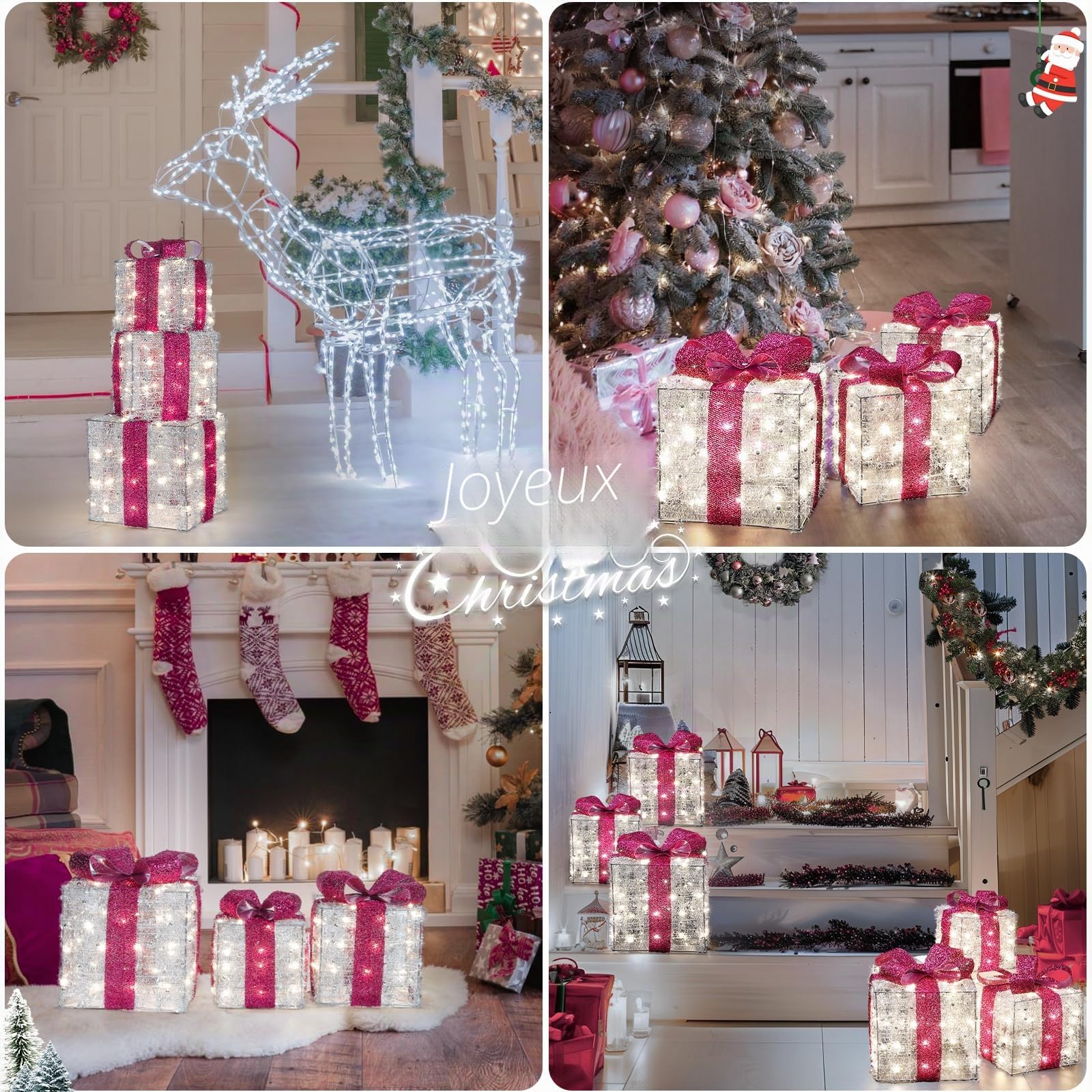 Quntis Cadeau Lumineux Noël 140 LEDs, 3Pcs Boîtes cadeaux Lumineuses avec Nœuds Rose, Coffret Cadeau Décoration Noël avec Guirlande Lumineuse Blanc Chaud, Déco Noël Intérieur pour Maison Arbre de Noël