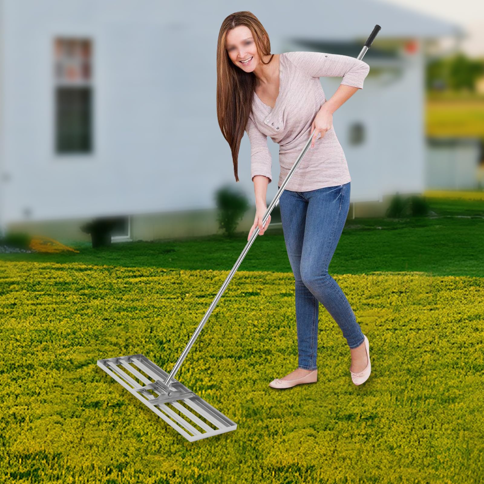 Rastrillo de nivelación de césped en forma de T con mango de goma antideslizante, para mulching, fertilizar, barrer hojas en jardines, campos de golf, 75 x 25 x 200 cm, color plateado