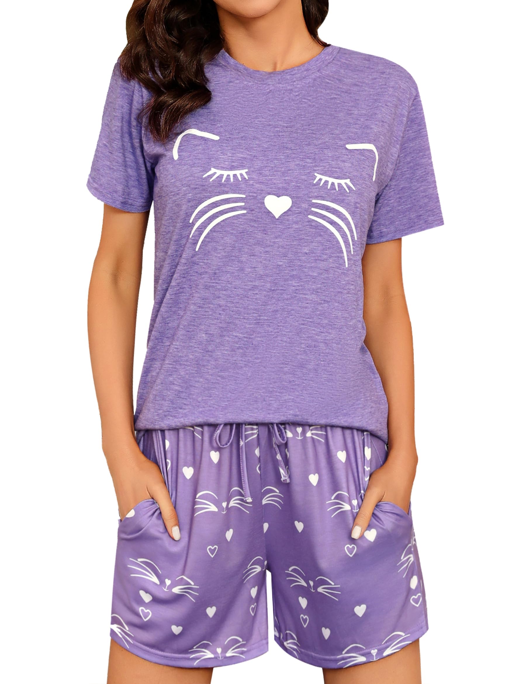 Sykooria Verano Manga Corta Pijama Mujer 2 Piezas Algodón Conjunto de Pijama Ropa para Dormir con Top y Pantalon