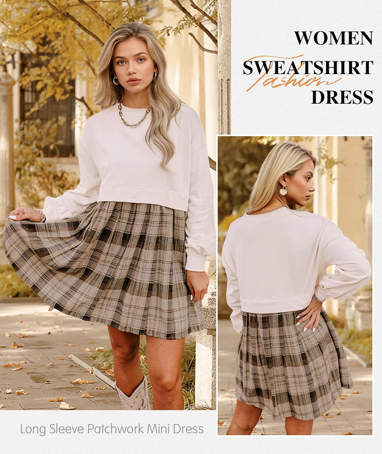 MARZXIN Women Sweatshirt Dress Long Sleeve Patchwork Crew Neck Pullover Tops Loose Flowy Plaid Skirt Mini Dress - Image 4