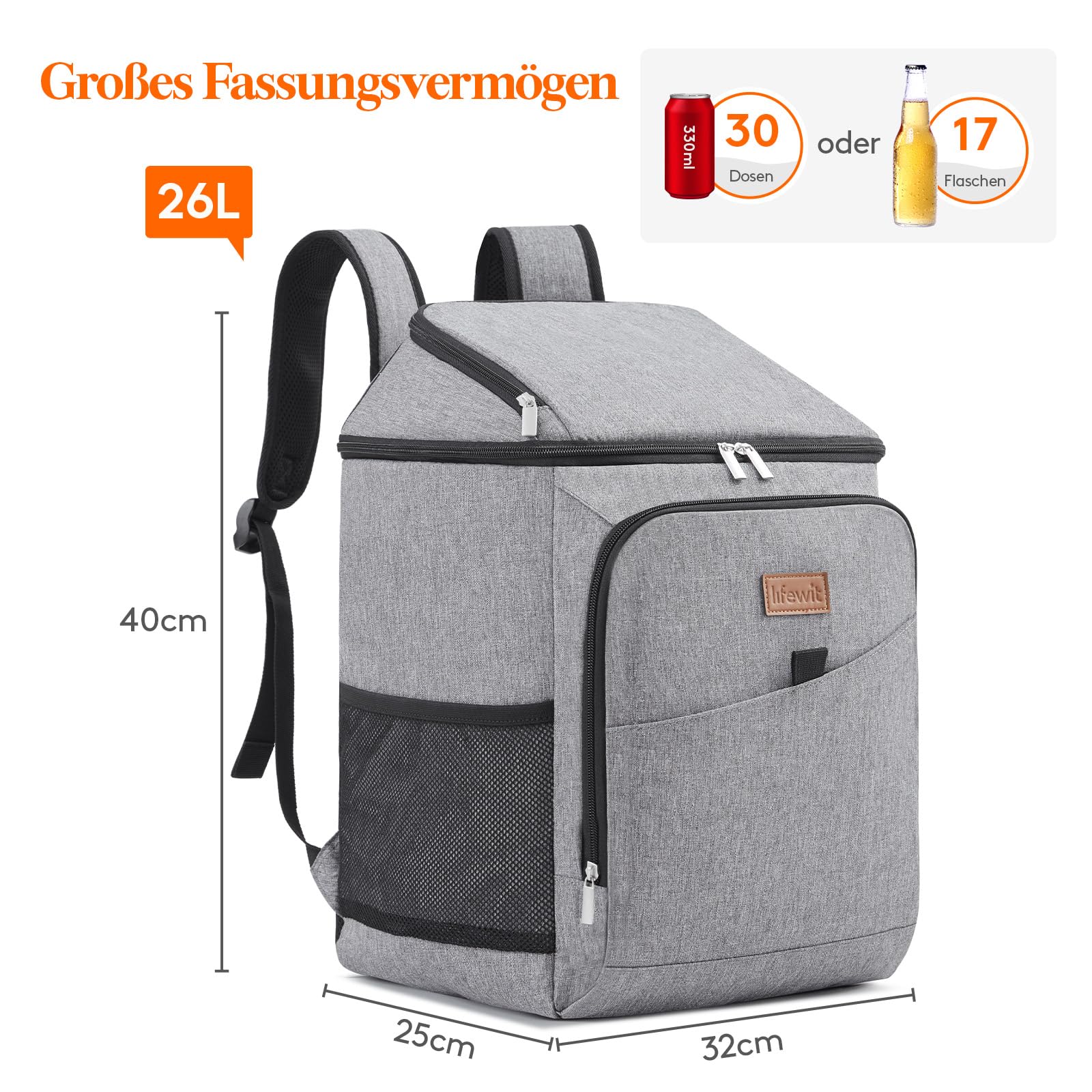 Lifewit 32L 34 Dosen isolierte Kühltasche, Große kühlrucksack, auslaufsichere tragbare Lunchtasche, weiche Kühlbox für Outdoor, Picknick, Strand, BBQ, Camping, Reisen, Familie, Grau