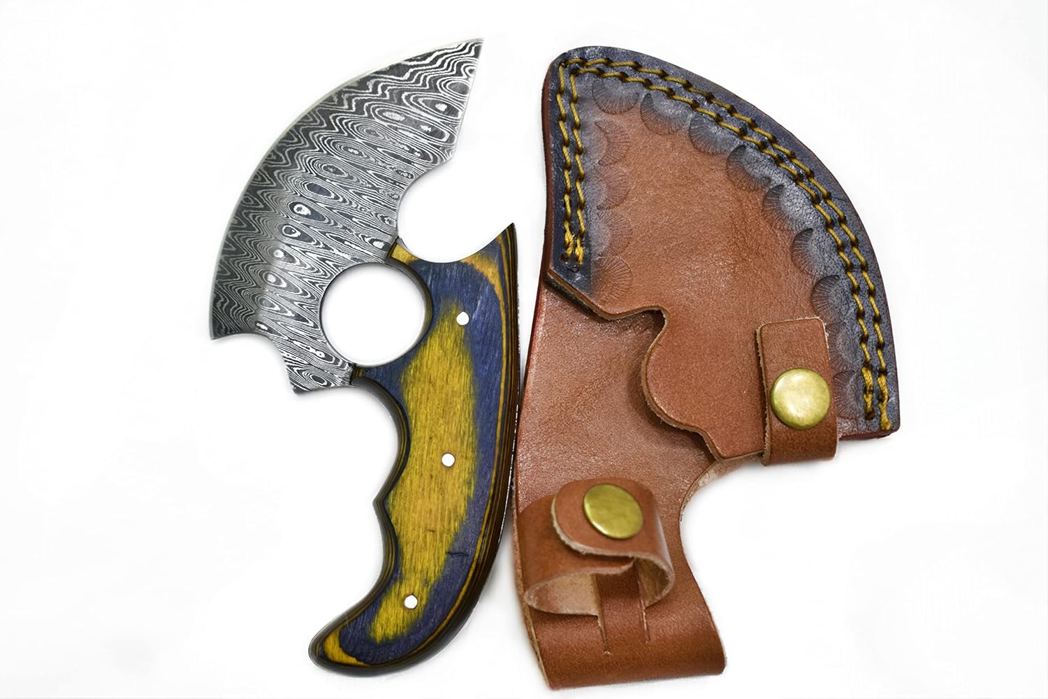 Titan International Knives Damascus Steel Alaskan ULU Blade High Carbon Full Tang Boning Utility Kitchen Knife with Diamond Wood Handle Ideal for Kitchen Hunting & Outdoors Leather Sheath included