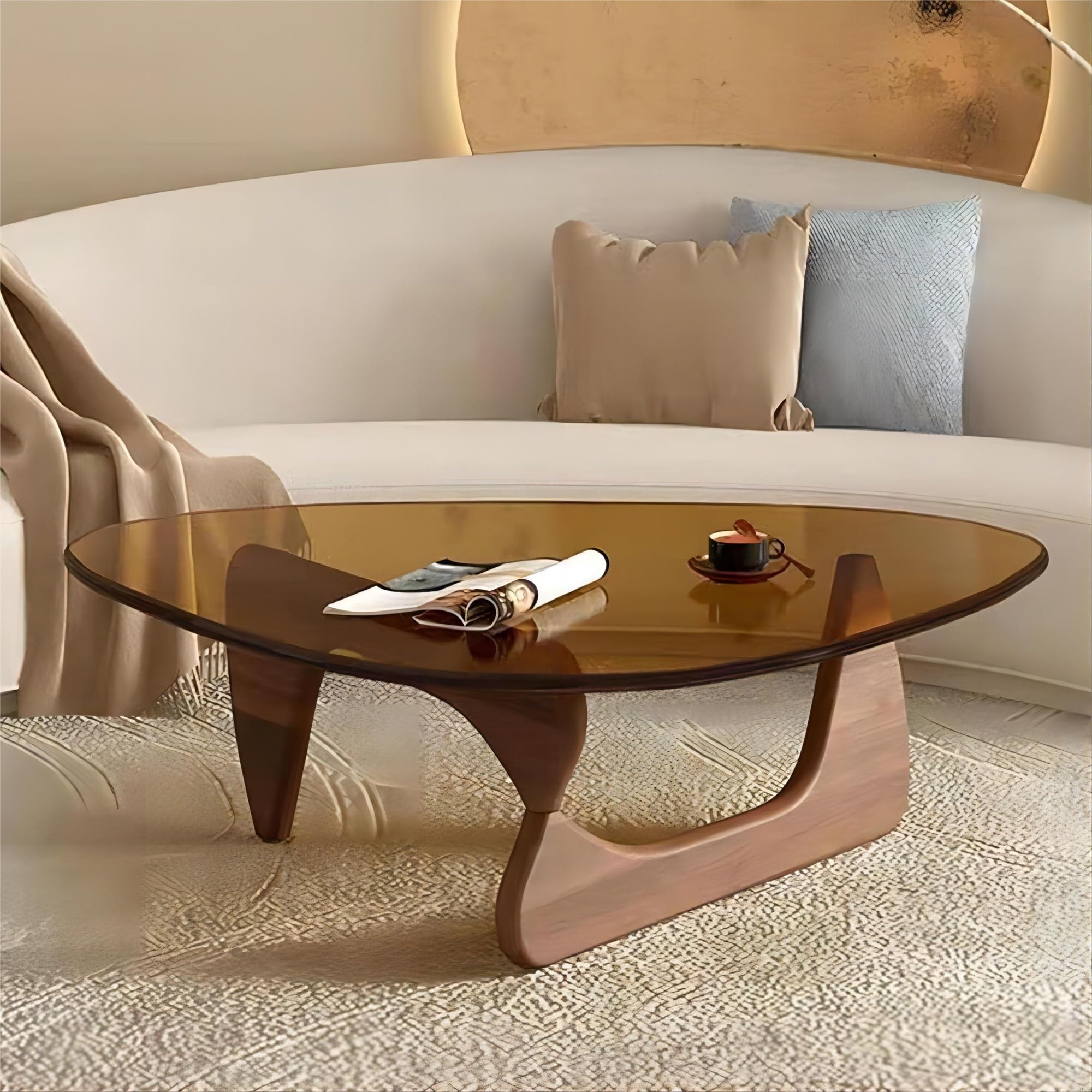 Glass Coffee Table for Living Room，Mid-Century Modern Centre Table with Solid Wood Frame，Living Room Furniture Small Triangle End Table，for Study Room Office Hotel Balcony