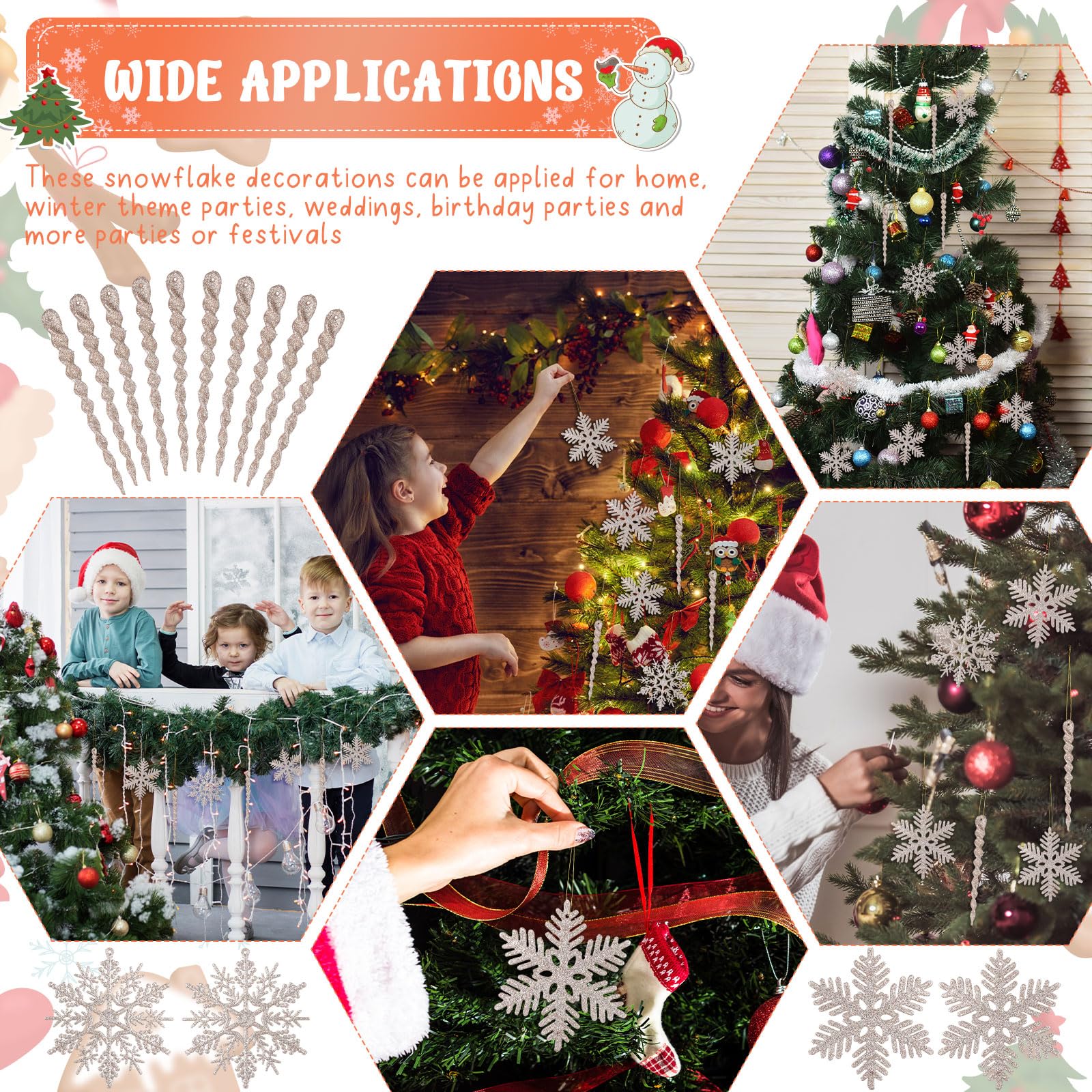 Deekin 72 Stück Schneeflocke gedrehtes Eiszapfen Ornament Set Glitzer Weihnachtsbaum Schneeflocke Spiralstreifen Behänge für Urlaub Party Hochzeit Dekorationen Winter Weihnachten Weihnachtsbaum