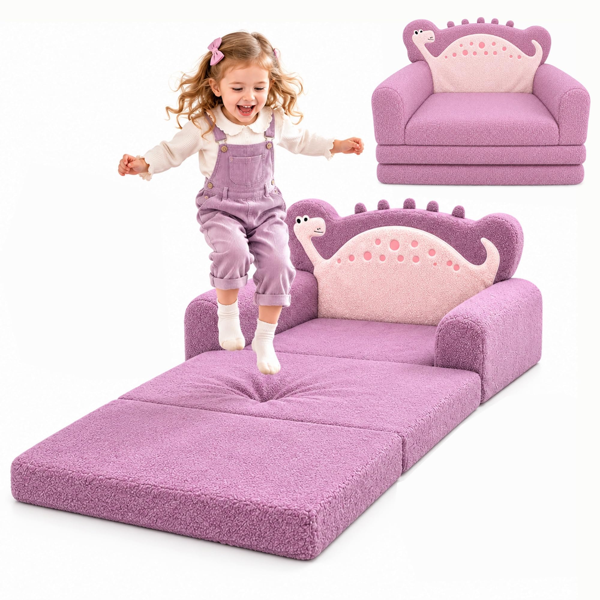 MOONLAND 3-in-1 Dinosaur Kids Sofa Bed, Flip Out Toddler Couch Chair