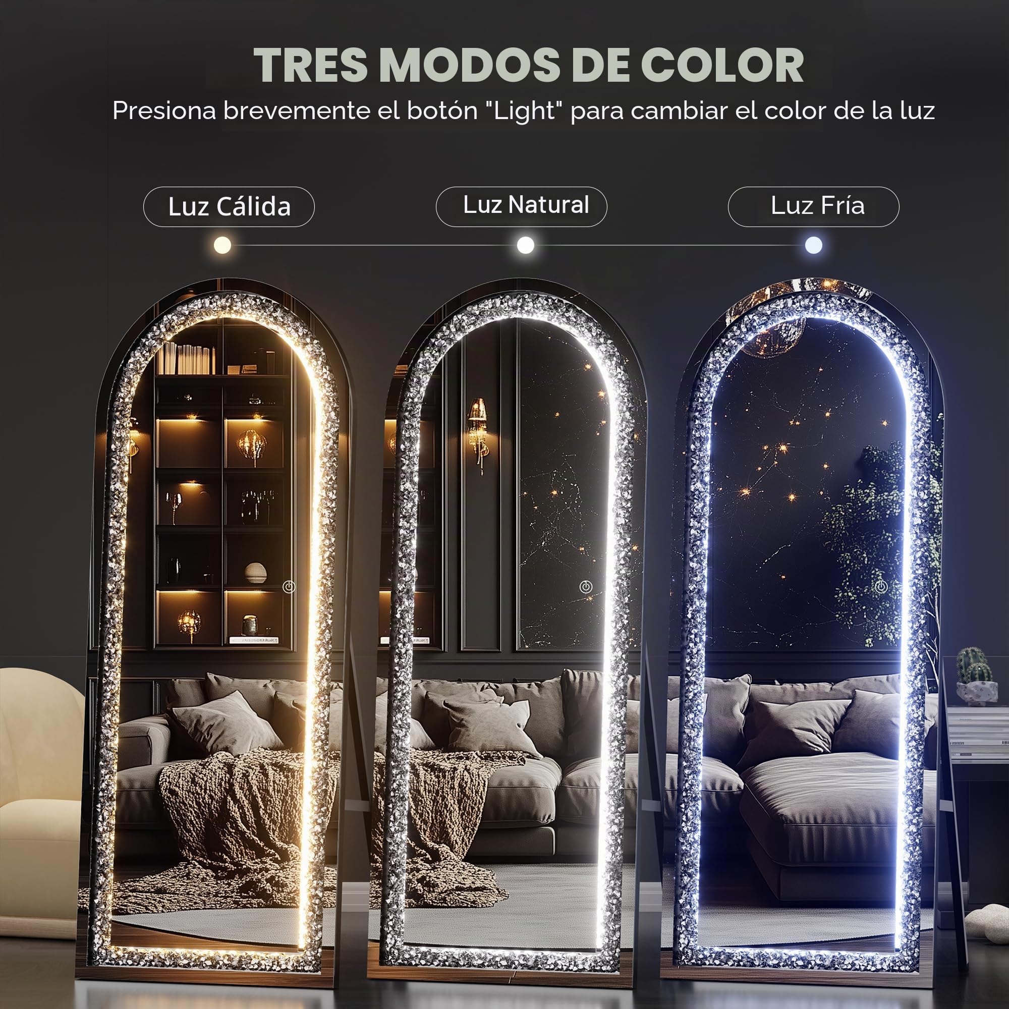 Hasipu - Espejo de cuerpo completo de 71"x24", diseño de arco LED con diamante triturado de cristal, espejo de diamante montado en la pared para sala de estar y dormitorio, con función de atenuación y