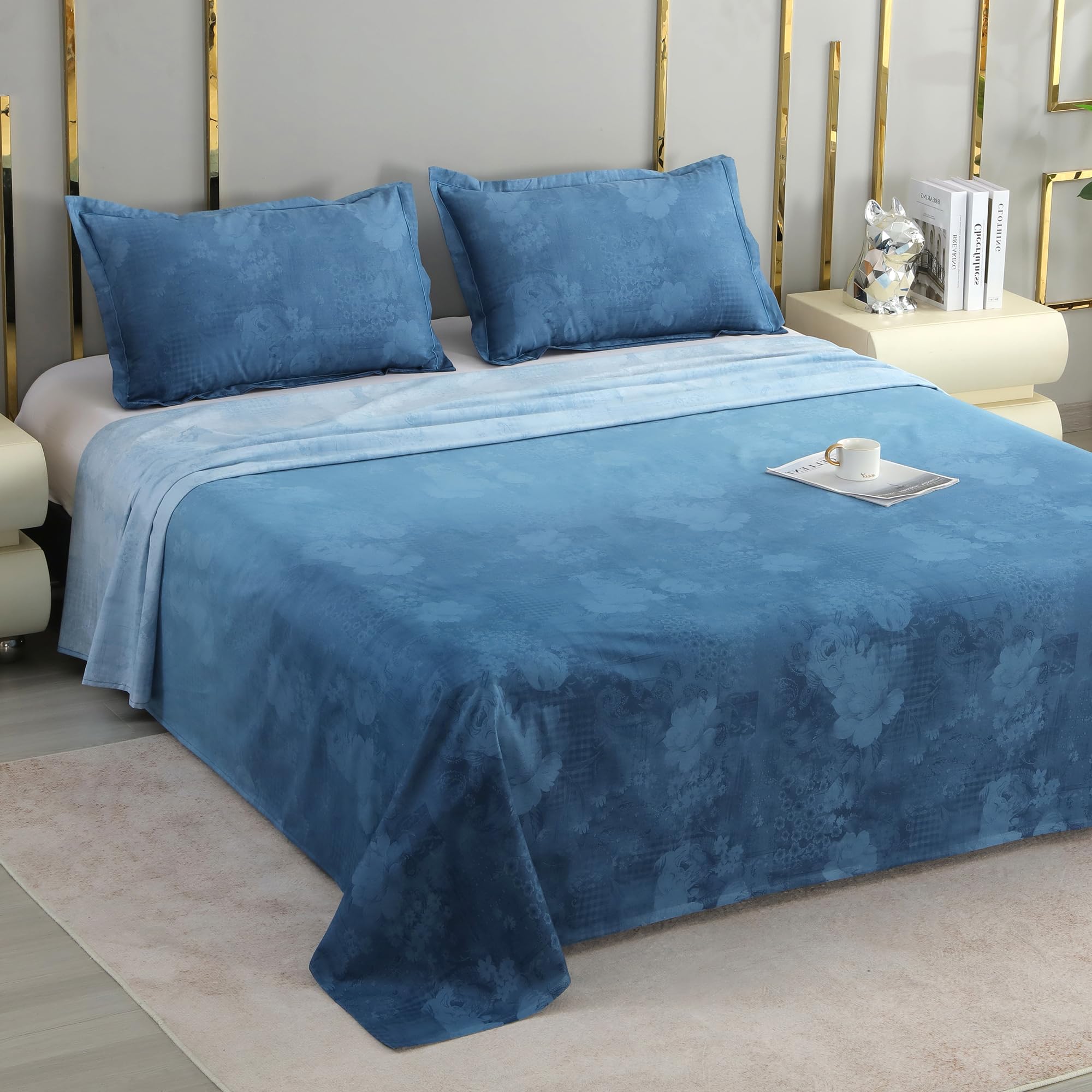 Story@Home 400 TC Sateen Weave 100% Cotton Bedsheet King 270 cm x 270 cm Ombre Printed Soft Flat Sheet with 2 Pillow Covers 18 x 27 Inch Sea Blue-picture-26