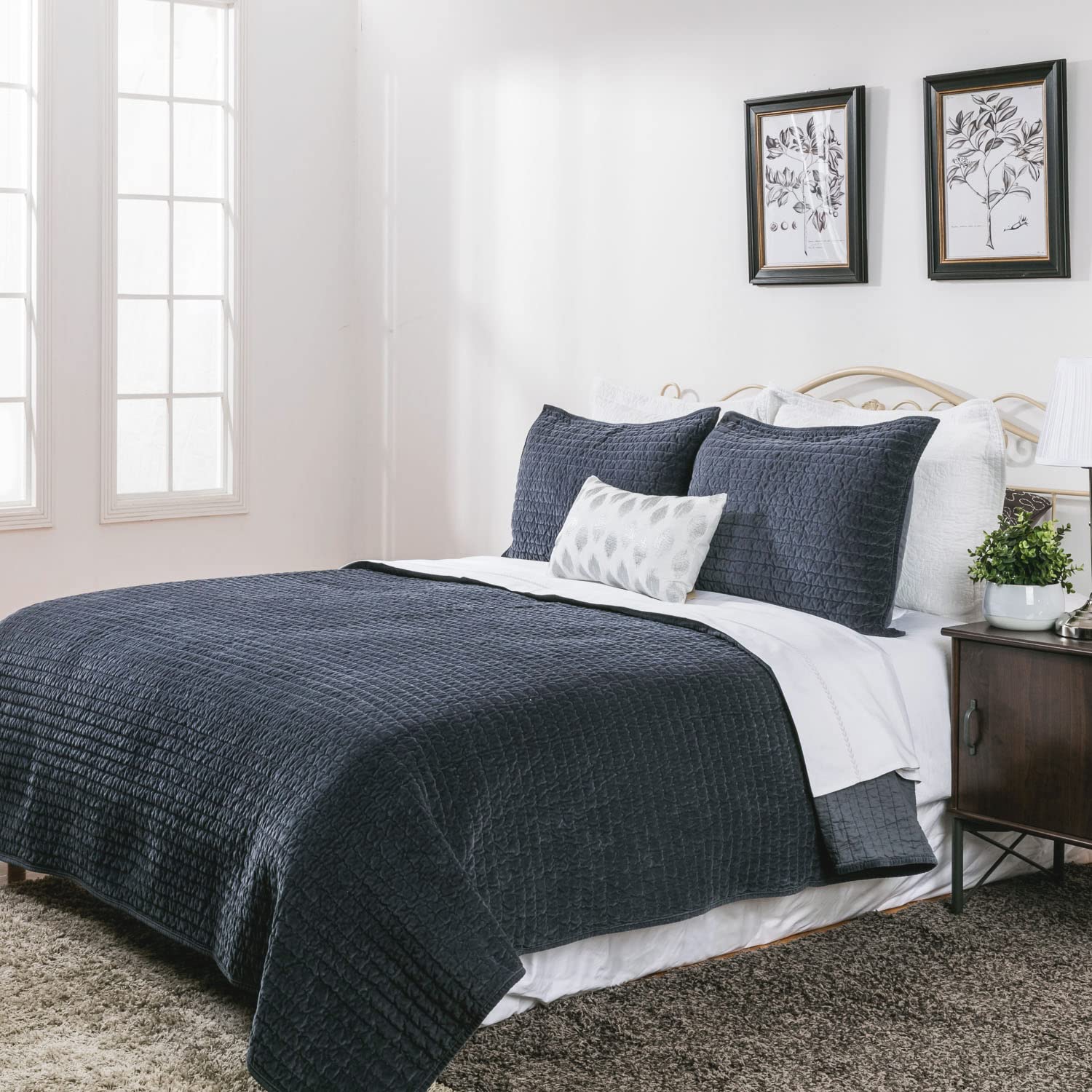 Photo 1 of Royal Cotton Velvet Pic-Stitch Bedding Quilt - Queen Quilt - 88" x 92", Dusty Blue Dusty Blue