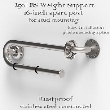 Grab Bar with Integrated Toilet Paper Holder for 2 Mega Rolls (Kitchen Paper Towel Holder or Bathroom Towel Bar), 16in Stud Mount, 250lbs Weight Support, Rustproof, Brushed Nickel, Right