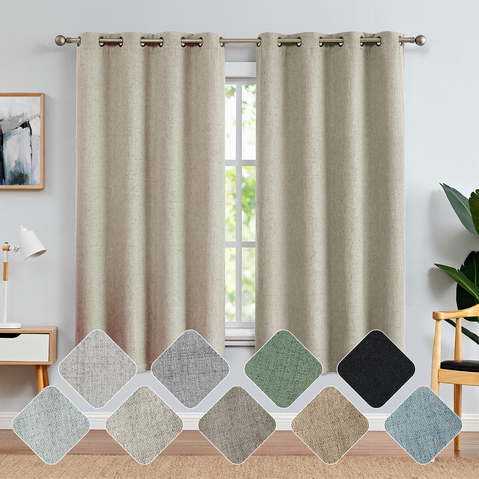 jinchan 80% Blackout Curtains for Bedroom, Linen Textured Curtains 63 Inch Length 2 Panels Set, Thermal Insulated Drapes for Living Room, Grommet Top Window Treatments, Heathered Beige