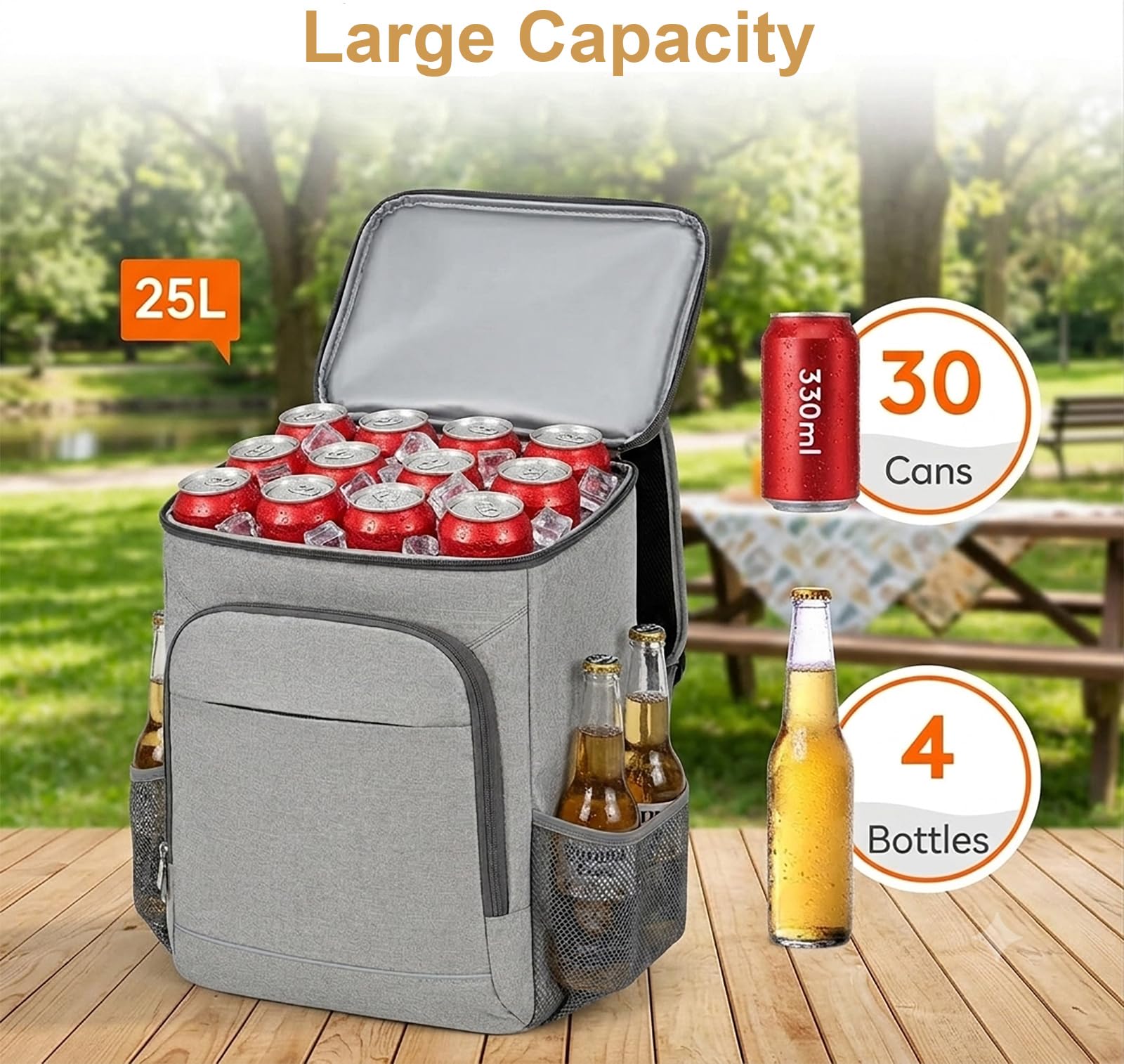 Wodoszczelny izolowany plecak chłodzący 25 l, szczelny, lekki plecak termiczny, przenośny, miękki, dla rodziny, na piknik, kemping, plażę, grill, zakupy, podróże, szary