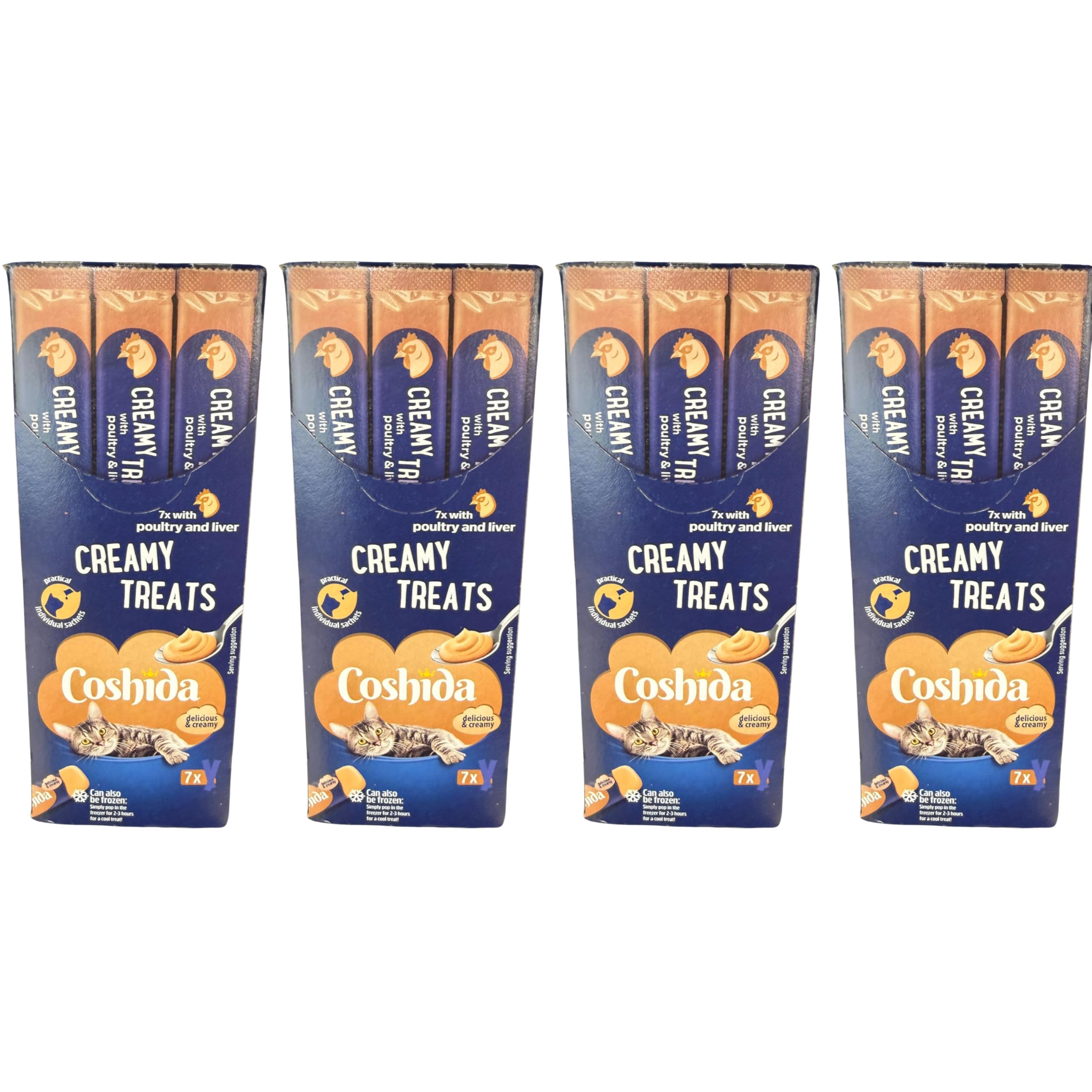 Coshida Creamy Cat Treats – 7 x 16g Grain Free Cat Treat Sachets – High Moisture Creamy Cat Snacks with Poultry & Liver – Complementary Cat Food for Adult Cats (Pack of 4 x 112g Each)