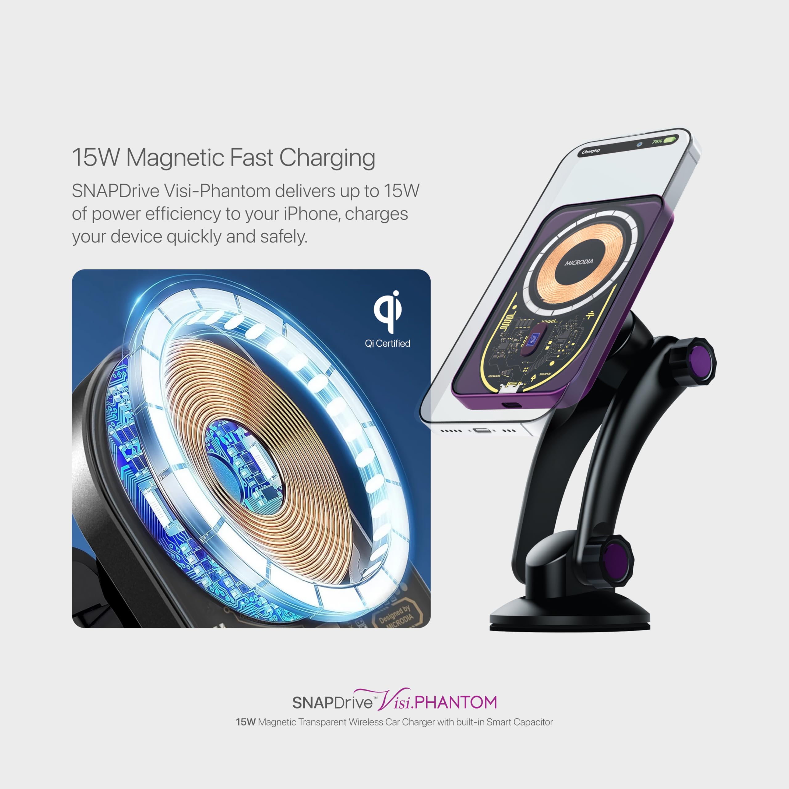Microdia SNAPDrive Visi.Phantom ultra cienki uchwyt samochodowy do iPhone'a z magnetyczną ładowarką bezprzewodową 15 W, wbudowany inteligentny kondensator do iPhone'a 15/15 Plus/15 Pro/15 Pro Max,