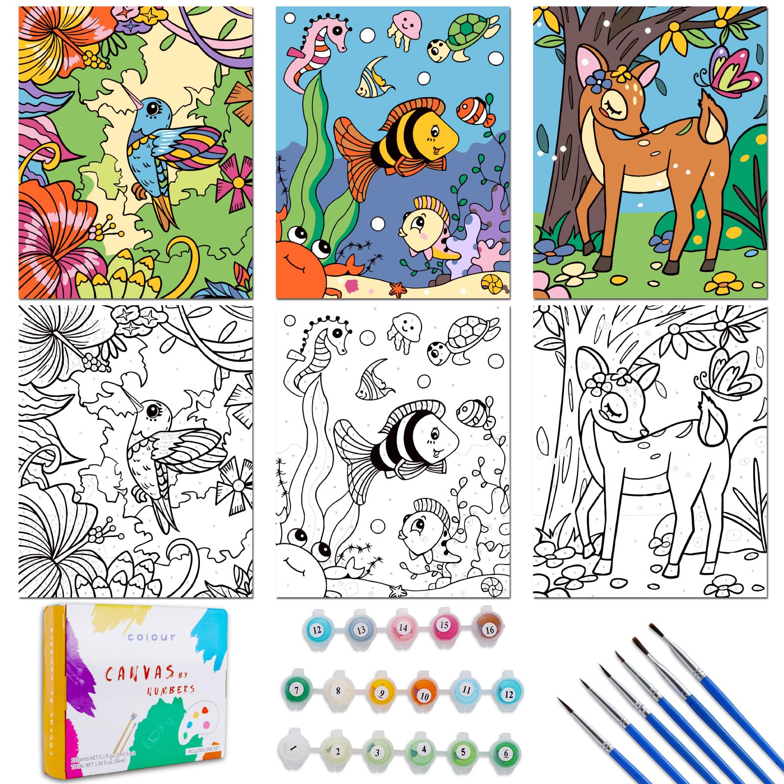 3 Pack Paint by Numbers for Kids Ages 8-12, 10*8"Color by Number for Kids Framed Canvas with 17 Acrylic Paint Pots and 6 Brushes, Kids'paint by number