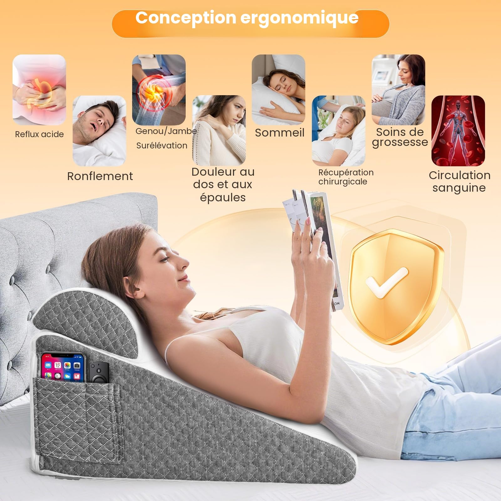 Coussin Triangulaire 8-en-1 Réglable, Plan Incliné Bébé, Oreiller Anti-reflux et Apnée du Sommeil, Coussin de Lecture pour Lit et Canapé, Soutien Lombaire et Jambes, Mousse à Mémoire de Forme 25D
