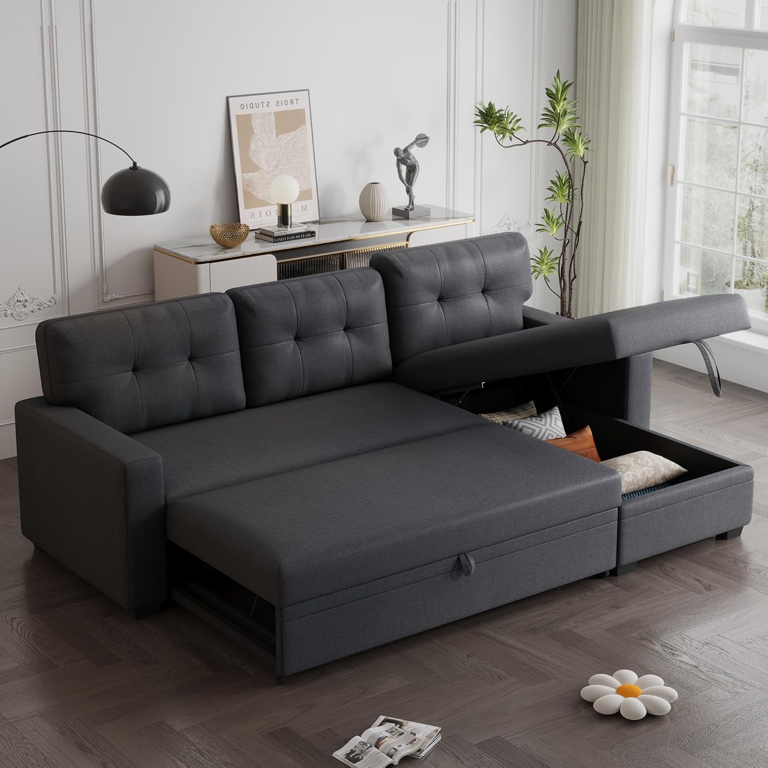 82" L-Shape Convertible Sleeper Sectional Sofa with Storage Chaise and Pull-Out Bed,Modular Corner Couch Lounge,w/Removable 3 Back Cushions & Armrest,for Home Furniture,Dark Gray