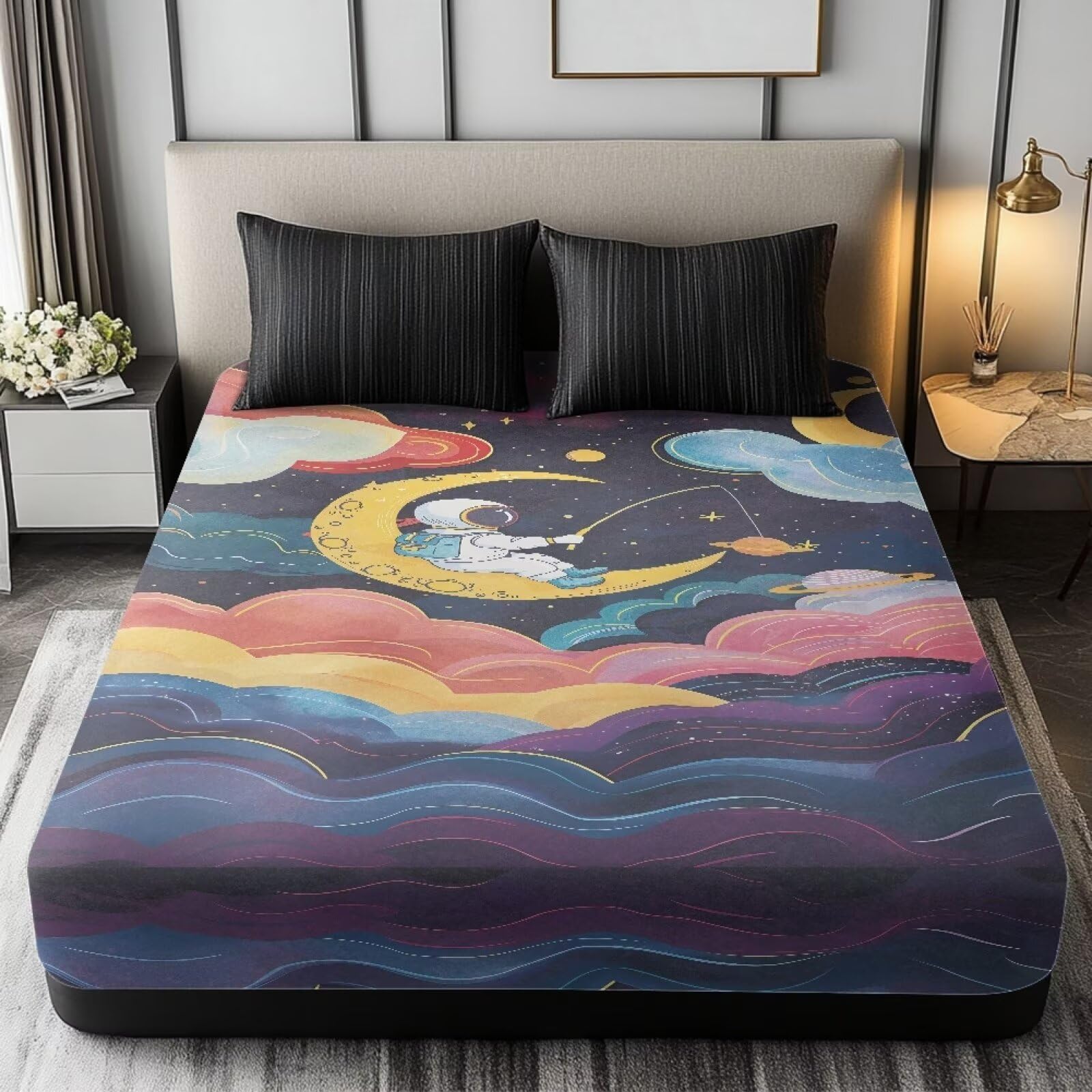 ZOUTAIRONG Twin Fitted Sheet Durable Kids Fitted Sheets Ultra Soft & Breathable Anti Slip Elastic Bed Sheets Astronaut Stars Design Washable Fitted Sheet for Boys, 39 x 75 in