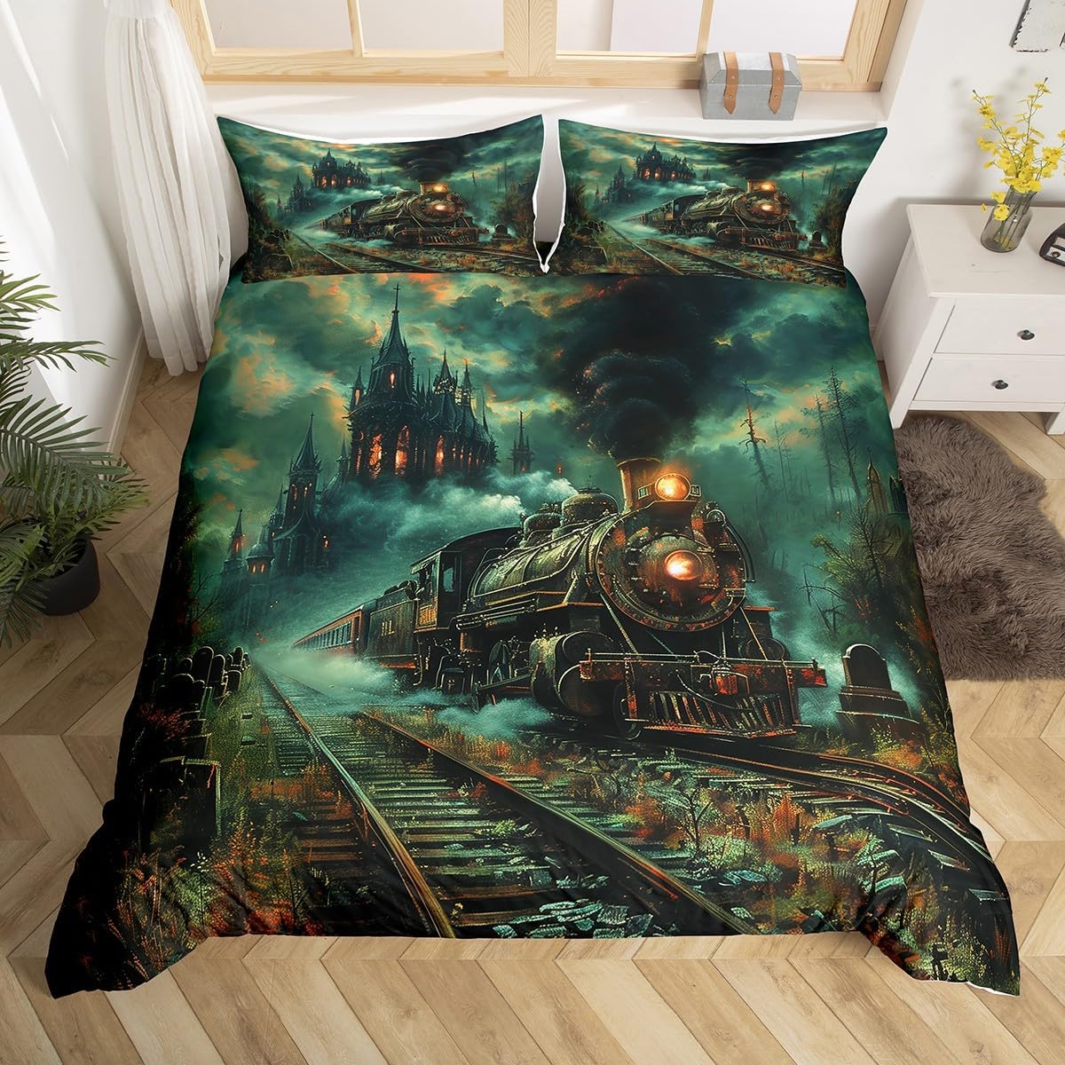 Train Duvet Cover Set King Size,Cartoon Choochoo Steam Engine Train Bedding Set,Boys Girls Room Decor,Railway Transportation Vehicle Comforter Cover,Blue boho Quilt Cover,2 Pillowcases(No Comforter)