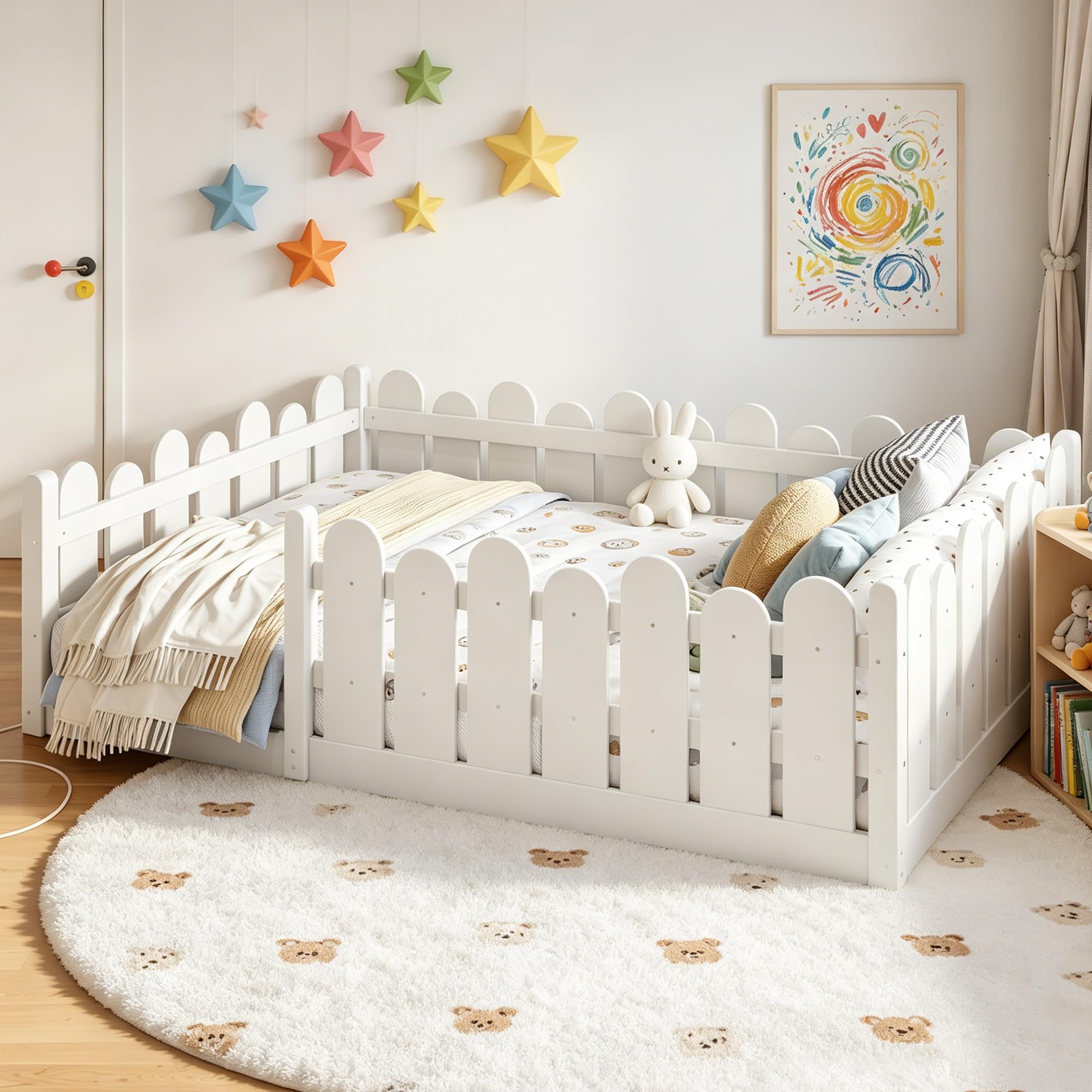 Bellemave Full Montessori Floor Bed with Rounded Safety Guardrail,White