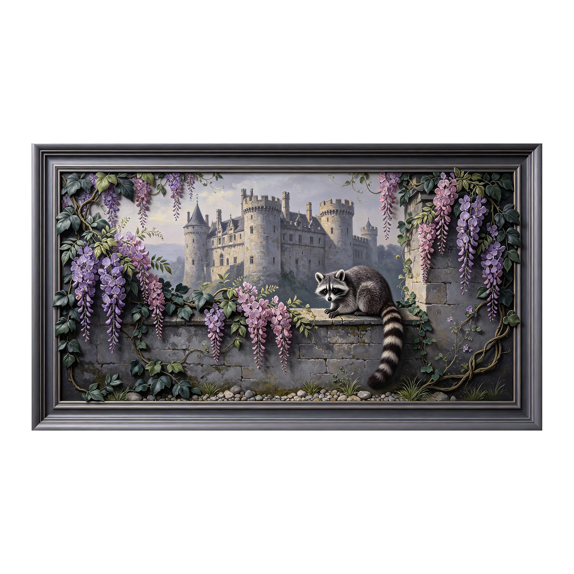 Yzpallescene 3D 3D Framed Wall Art 50cm×90cm European Castle Floral Landscape Oil Painting Large Size SelfAdhesive Removable Wall Decor Prints Artwork for Living Room Bedroom Office