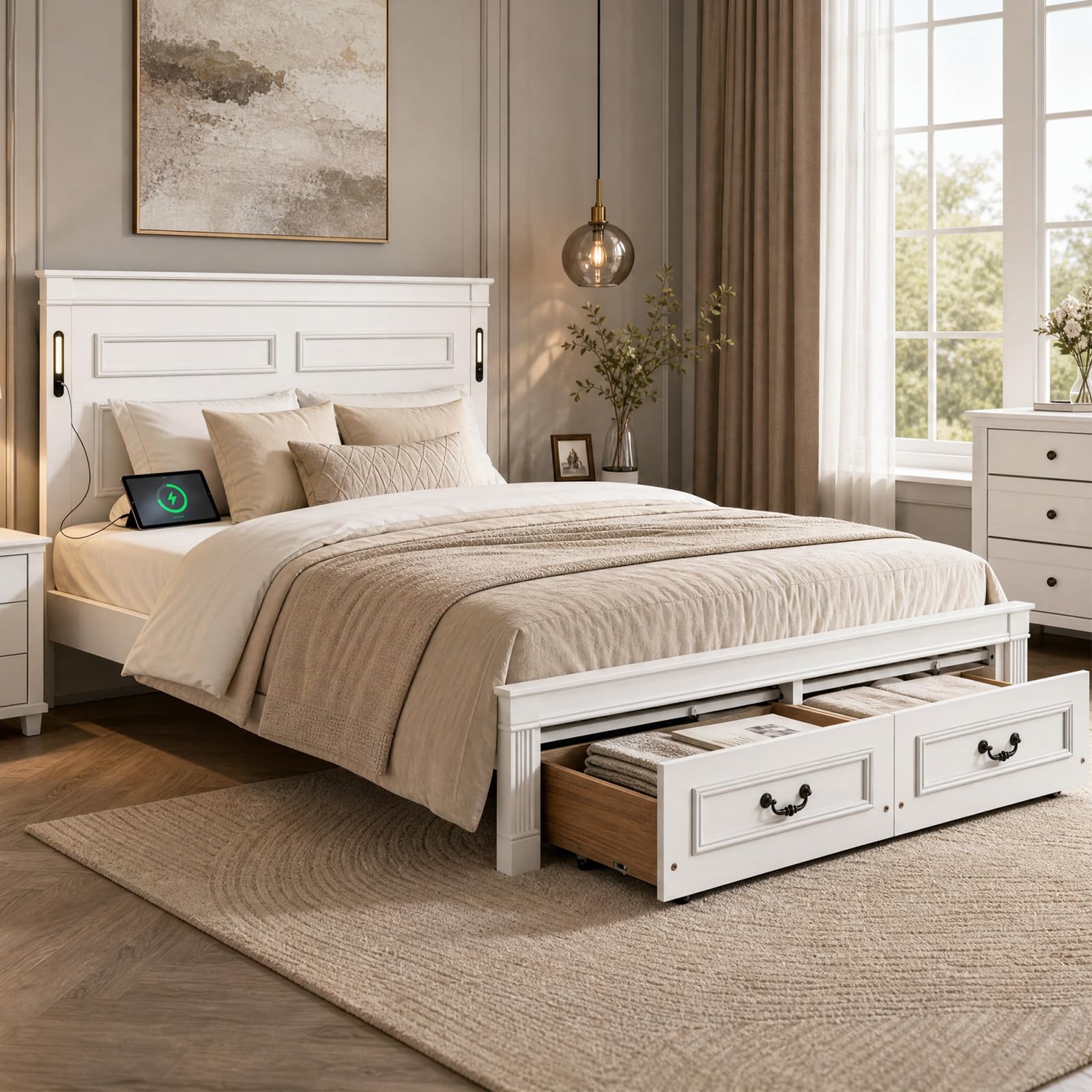 queen size bed frame with tall headboard & footboard,2 storage drawers,solid wood platform bed,built-in led lights,usb charging station,strengthened noise-free frame,no box spring needed,white
