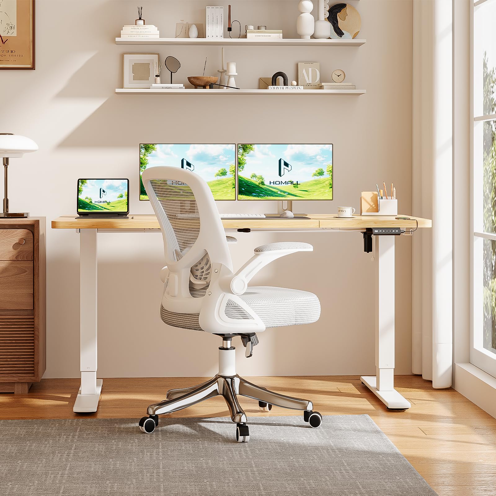 Homall Höhenverstellbarer Schreibtisch mit USB-Buchse 140x60 cm, Computer Stehschreibtisch, Ergonomischer Homeoffice-Tisch (140x60cm, Beige)