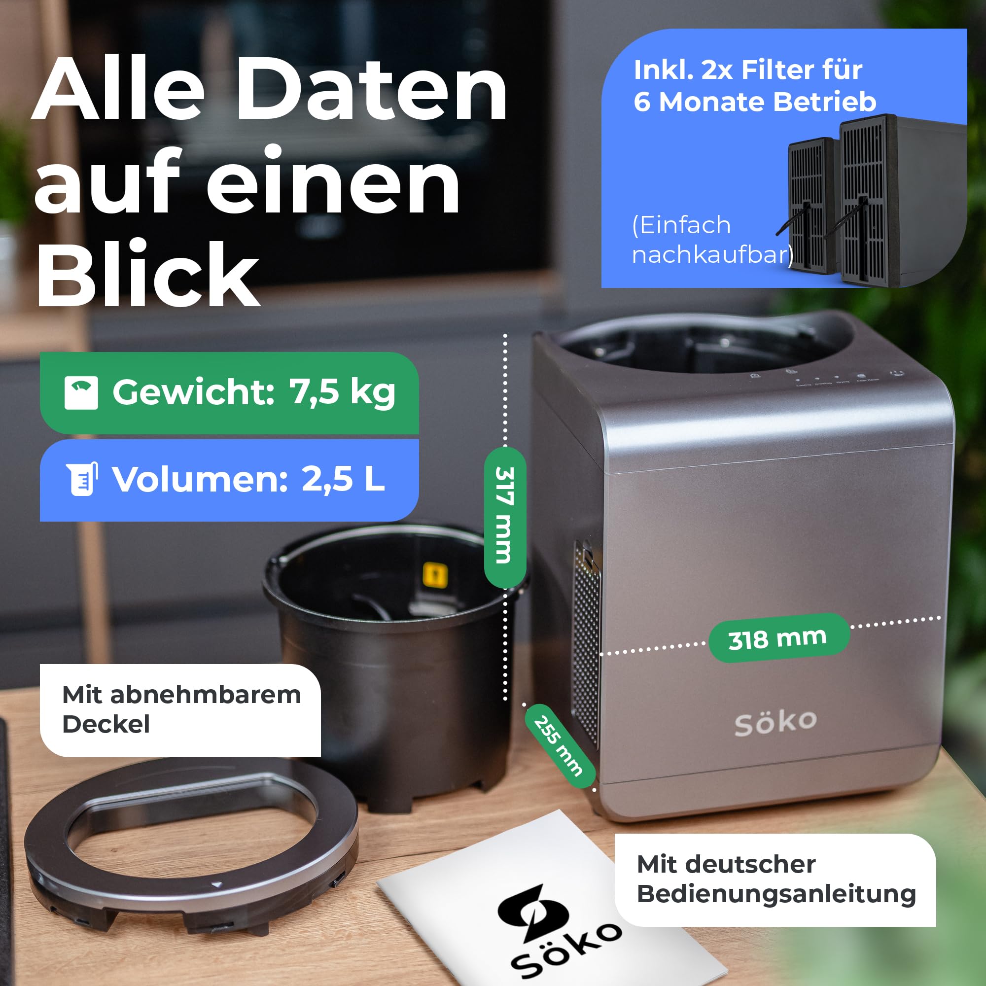 Elektrischer Komposter [2X Aktivkohle-Filter] Elektro-Schnellkomposter - Revolutionäre Kompost-Lösung für Küche, Garten & Balkon | Indoor Kompostbeschleuniger | Mini-Kompostierer elektrisch