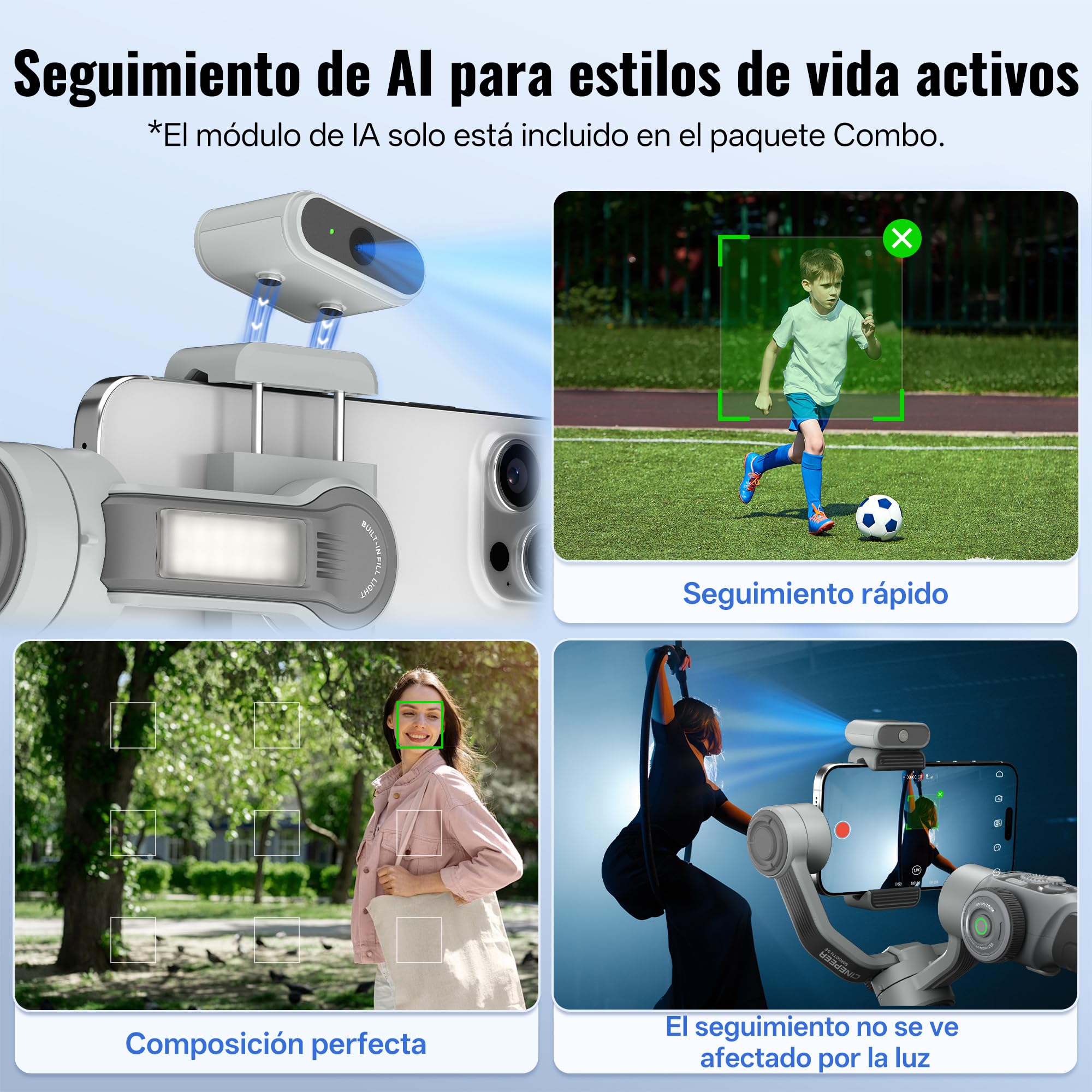 ZHIYUN CINEPEER Smooth 5E Combo Estabilizador Smartphone, Seguimiento AI Inteligente, Luz de Relleno Integrada & Magnética, Estabilizador de Móvil de 3 Ejes, Edición Inteligente, Carga 300g