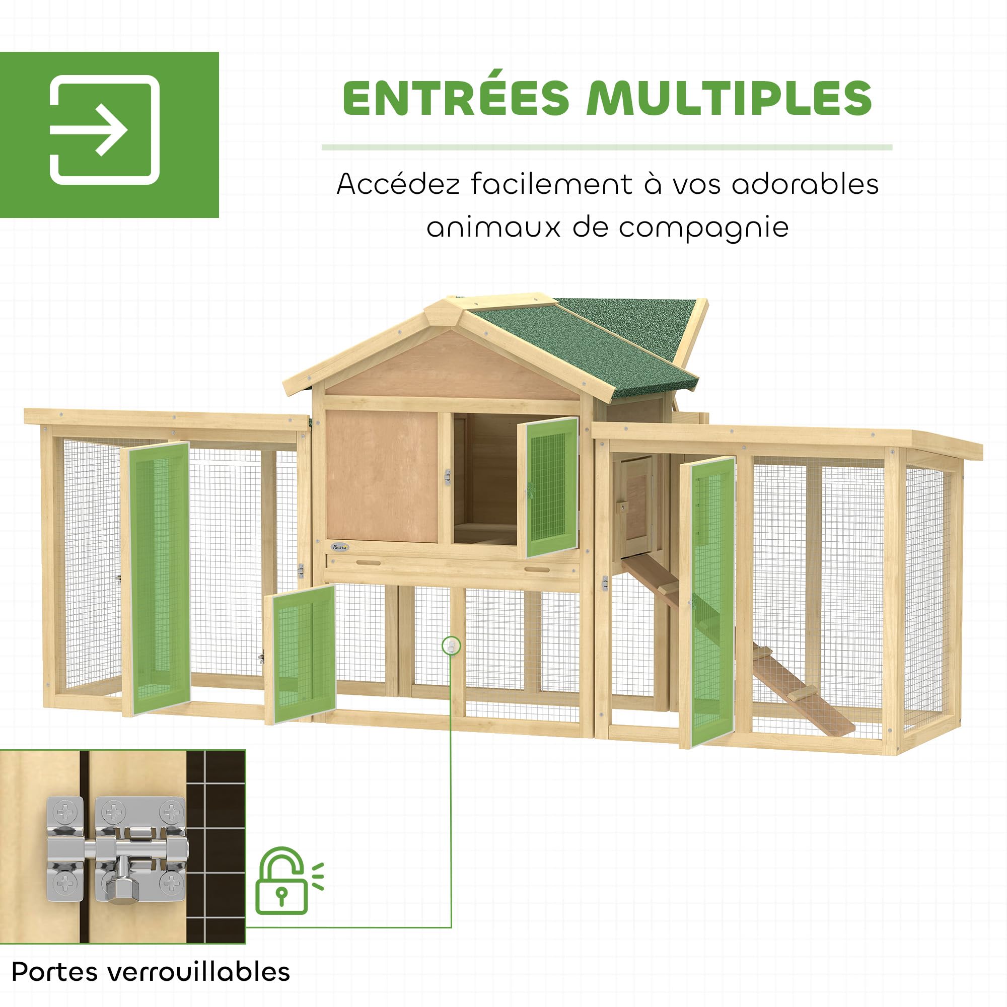 PawHut Poulailler clapier modèle Chalet Multi-équipé : rampes, nichoirs, perchoirs, Plateau excrément, fenêtre, Portes Bois Massif, Bois Naturel