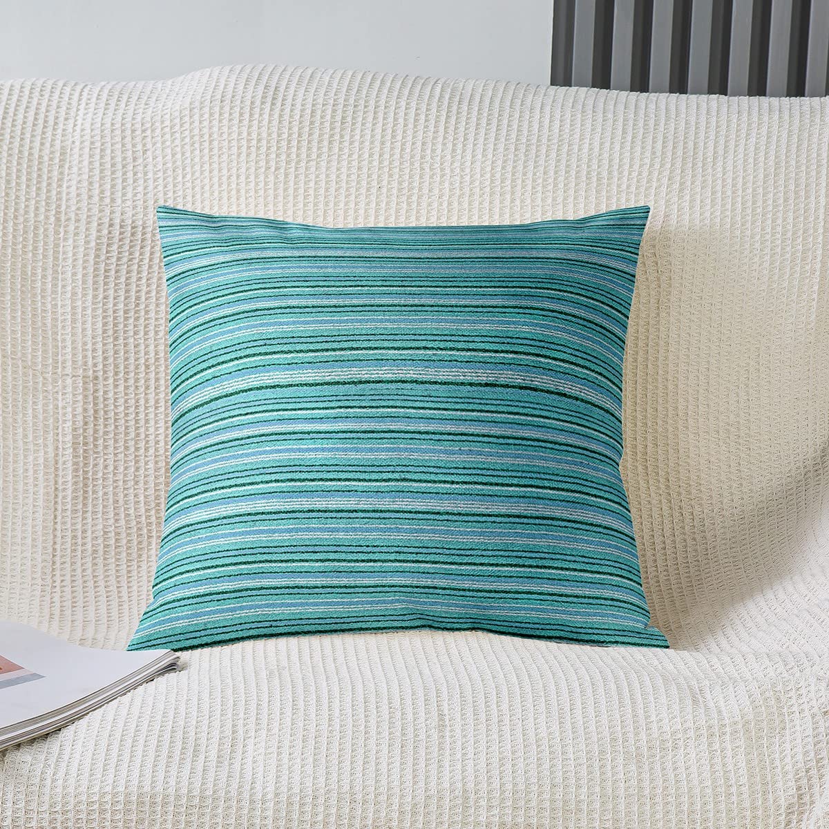 Loussiesd Kids Blue Teal Stripes Reversible Throw Pillow Covers Stripe Line Square Cushion Covers Set of 2 for Decor Modern Striped Art Pillow Covers Home Decor Women Men Geometric 20x20 Inch - Image 2